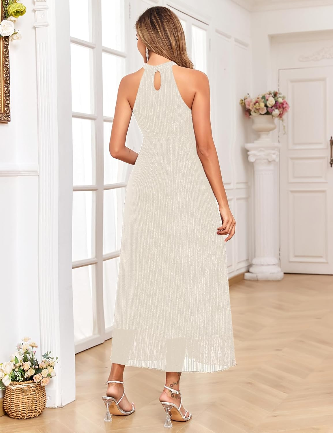 Maternity Sparkly Mesh Dress Halter Neck Sleeveless a Line Pregnancy Dresses Semi Formal Baby Shower Photoshoot image number 7