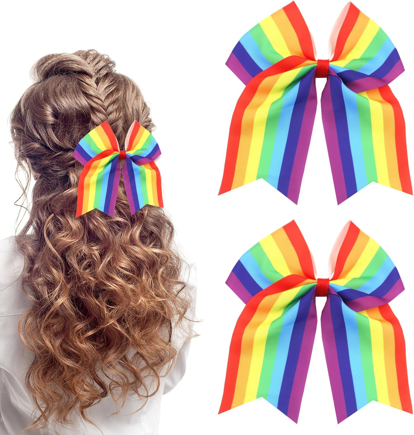 2 Pcs Rainbow Bow Hair Ties, Rainbow Butterfly Hair Accessories Soft Ropes Bow Ties Elastic Hairs Band for Women image number 5