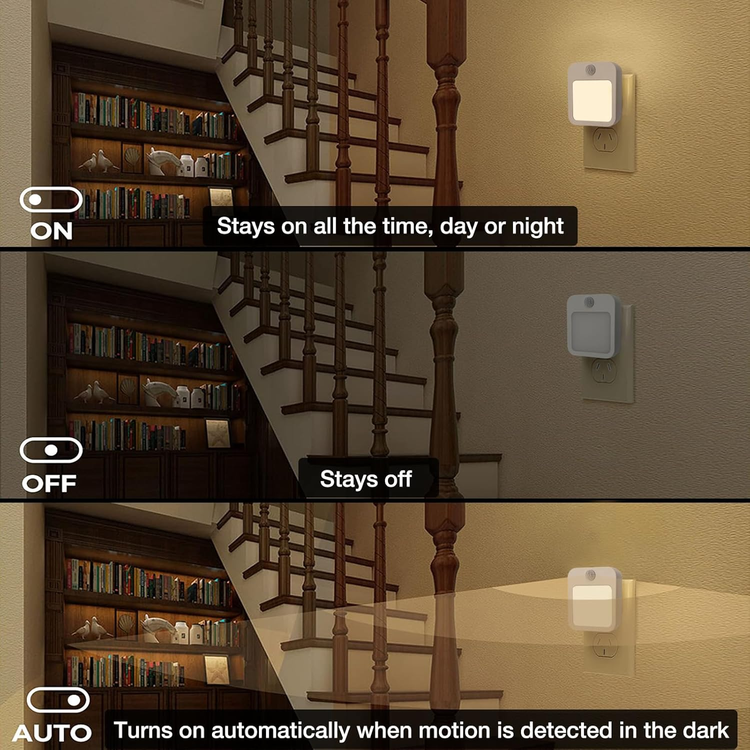 Dimmable Night Light Plug-In, Motion Sensor Plug in to Wall Night Light 3000K 2 Pack with on off Auto Switch Adjustable Brightness for Hallway Bedroom Kids Room image number 2