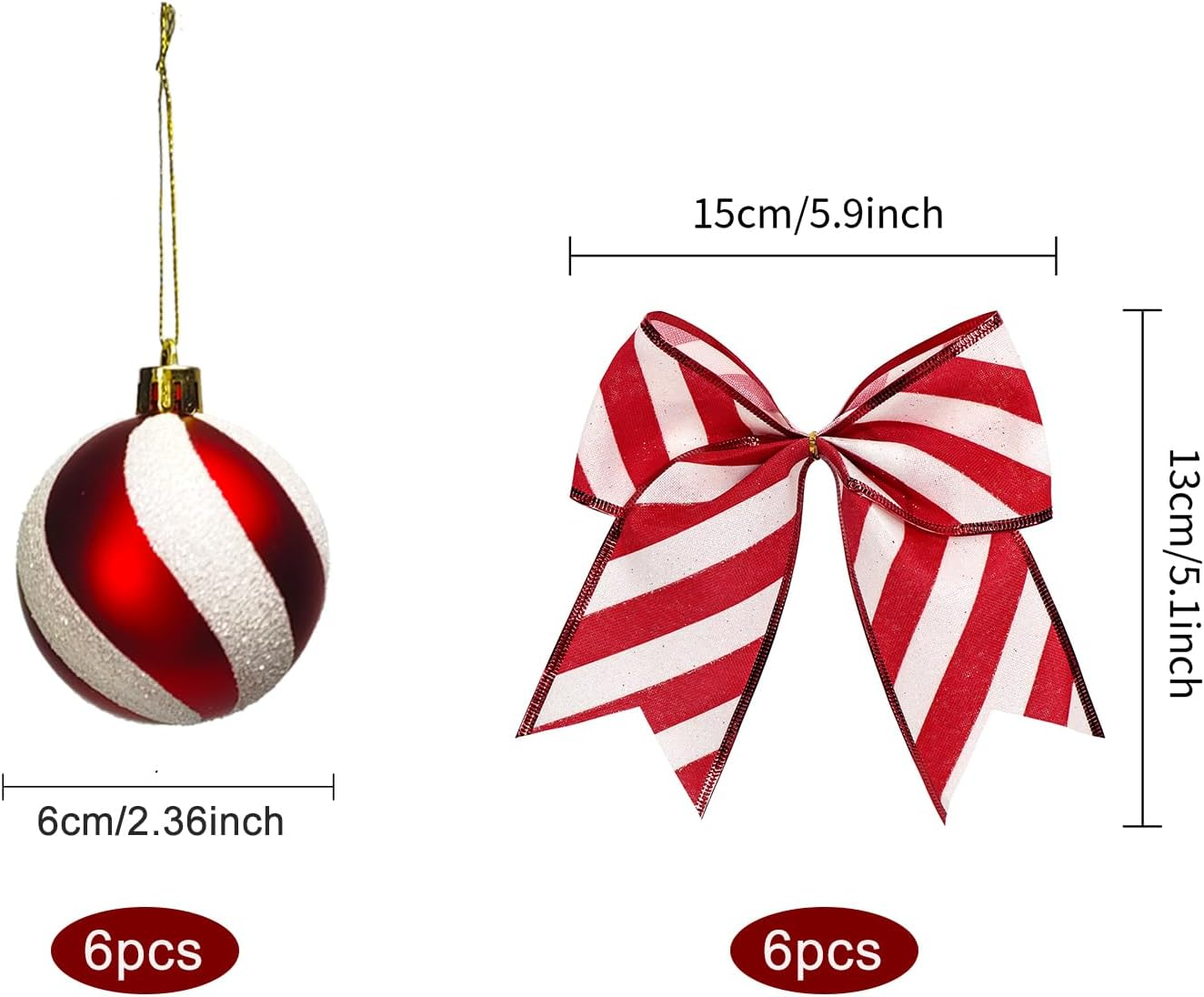 12Pcs Christmas Tree Ornament Set, 6Pcs Christmas Bows and 6Pcs Hanging Balls for Christmas Tree Decoration Wreath Making Supplies New Year Holiday Party Decor (Red and White Stripes) image number 1