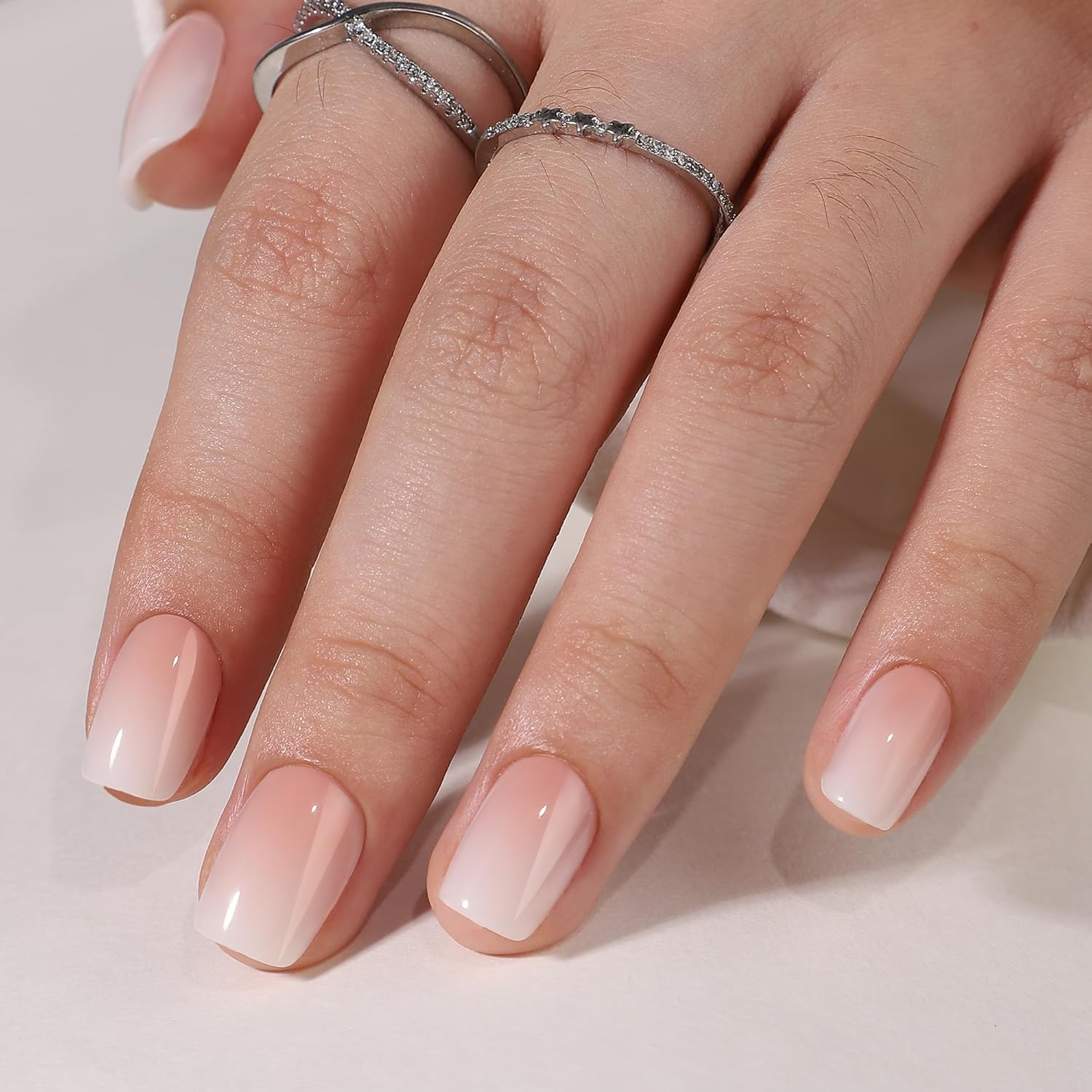 Anglicolor Square Ombre False Nails - Short Soft Gel Fake Nails with Glue, 15 Sizes - Set of 30 Reusable False Nails (Nude-A2, 30PCS)