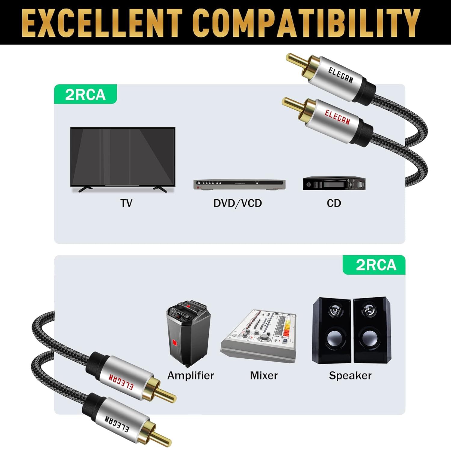 Elecan Premium RCA Cable 4 Ft (Hi-Fi Sound-16 Awg-Shielded) 2 RCA Male to 2 RCA Male Stereo Audio Cable, Gold Plated-Aluminum Alloy Shell-Pure Copper-Braided RCA Cord for Home Theater Speakers + Ties image number 2