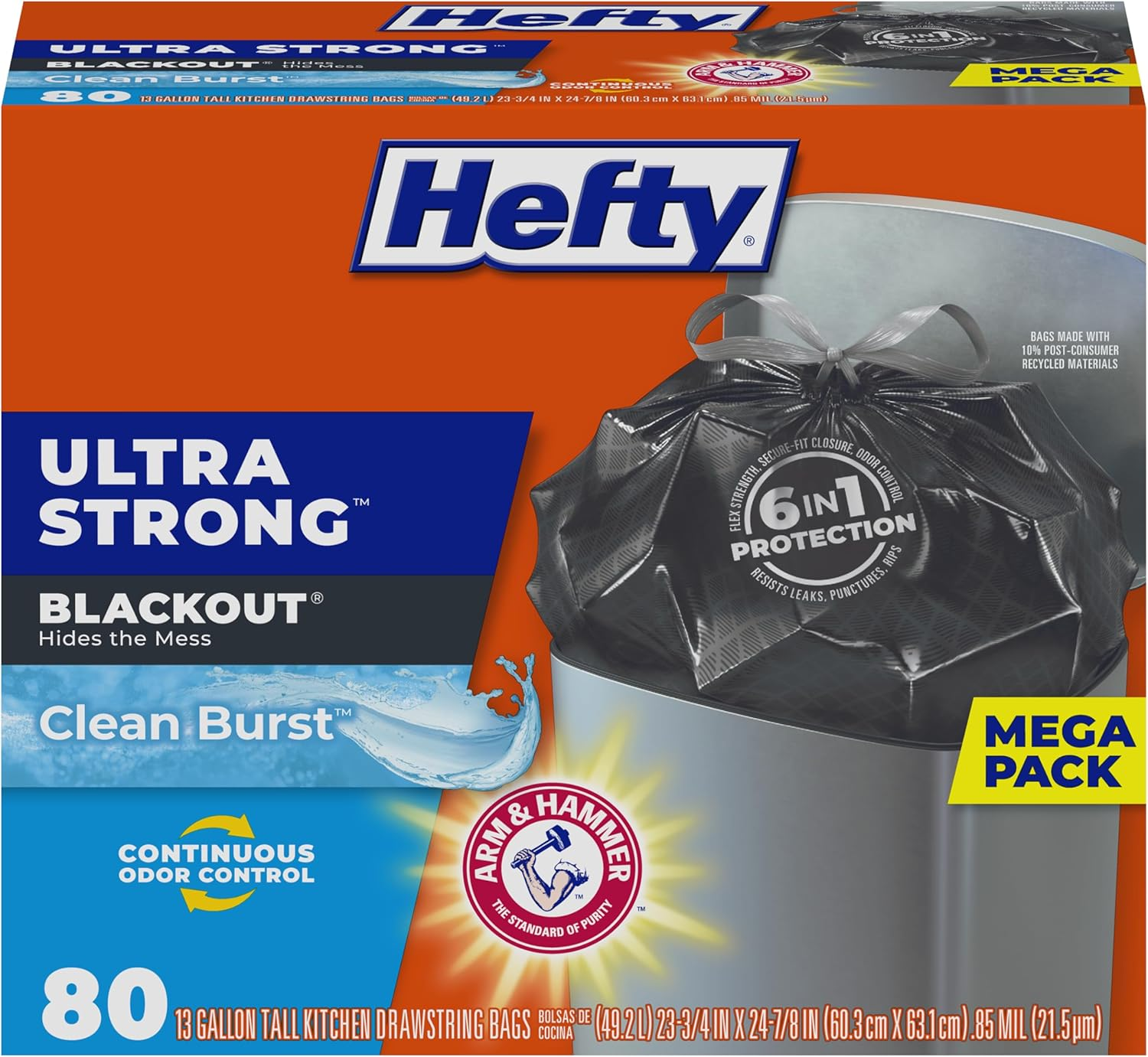 Hefty Ultra Strong Tall Kitchen Trash Bags, Blackout, Clean Burst, 13 Gallon, 80 Count image number 5