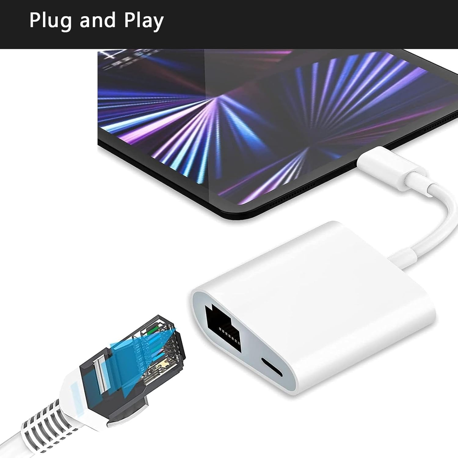 Lightning to Ethernet Adapter, for Apple Mfi Certified 2 in 1 RJ45 Ethernet LAN Network Adapter for Iphone/Ipad/Ipod, Supports 100Mbps Ethernet Network with Charge Port image number 4