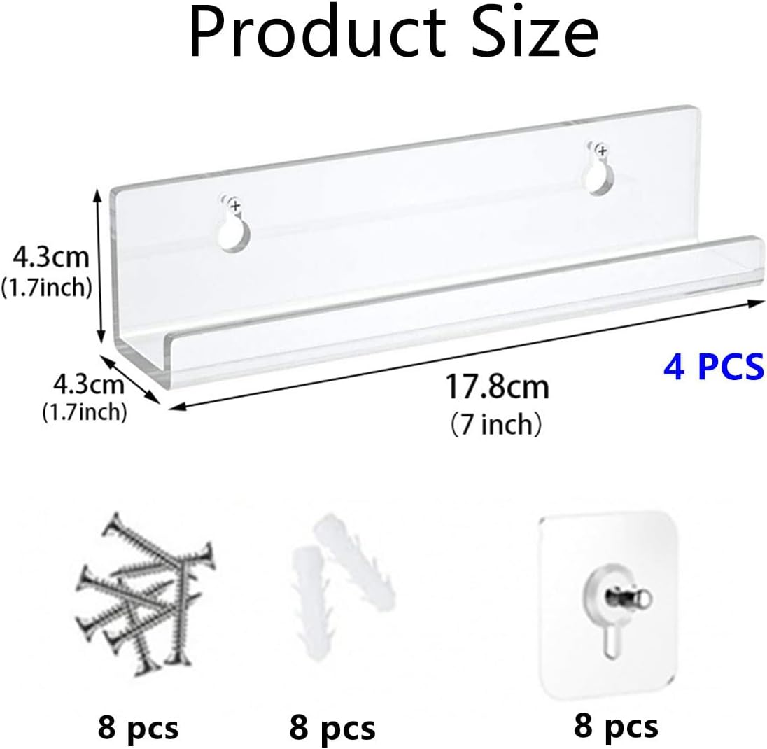 Vinyl Record Shelf Wall Mount, 4 Pack 7 Inch Clear Acrylic Album Record Holder,For Book Photo Picture in Bedroom Living Room Kitchen Bathroom