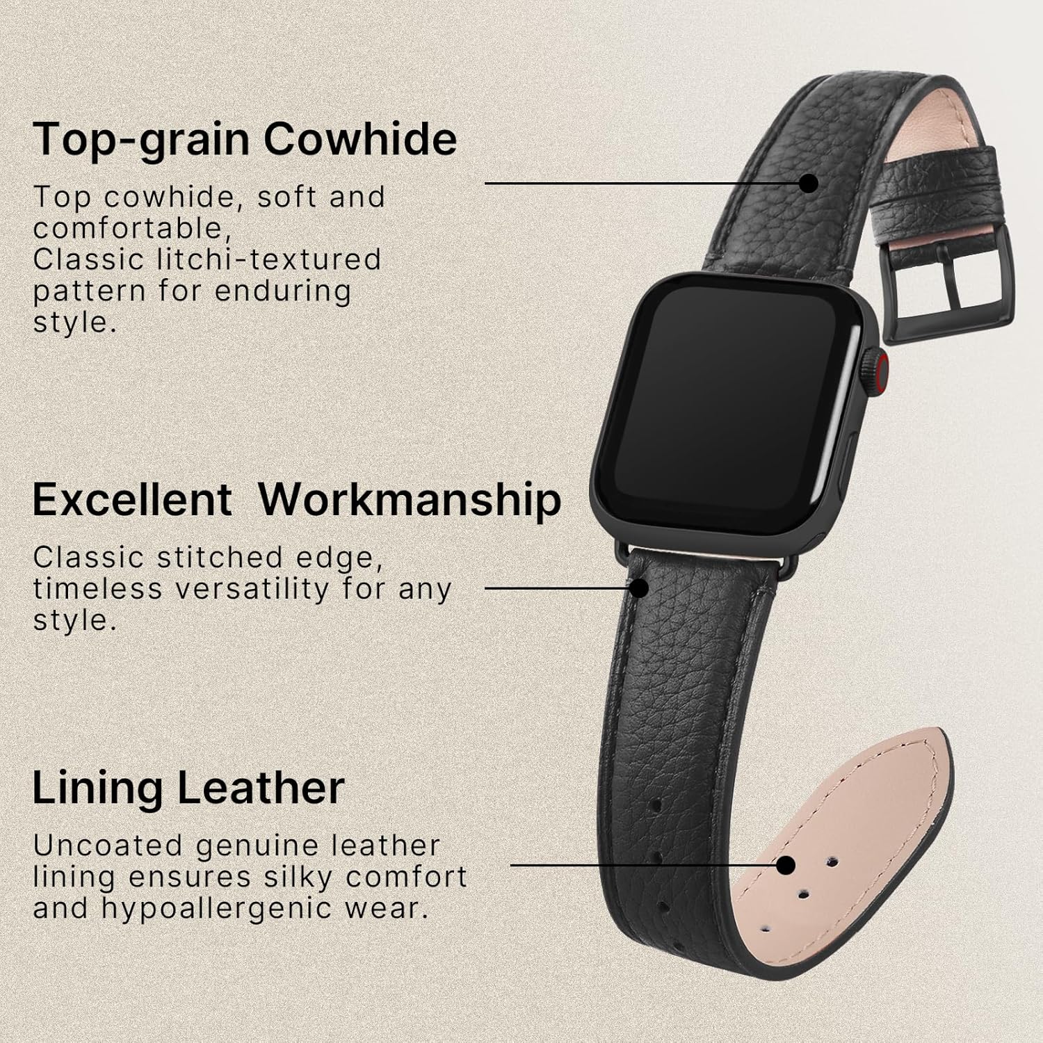 Fullmosa Bands Compatible for Apple Watch Band 42Mm 41Mm 40Mm 38Mm with Case Real Leather Replacement Strap for Iwatch SE Series 11 10 9 8 7 6 5 4 3 2 1 Men and Women, Black + Gunmetal Buckle image number 3