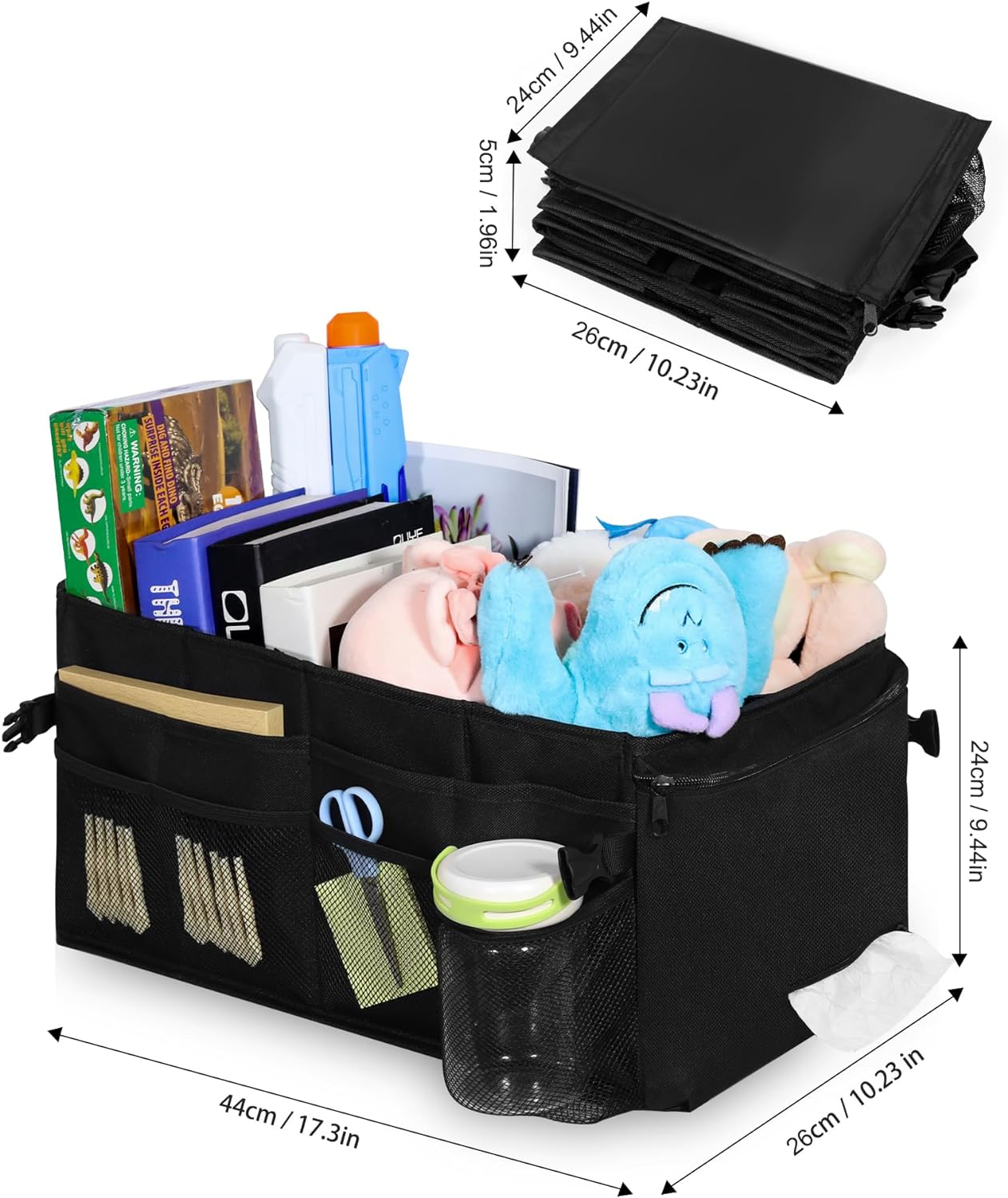 Car Organiser for Front and Back Seat - Keep Your Car Tidy and Organised with Multiple Pockets, Cup Holders, and Adjustable Dividers for Toys, Books, Snacks, Water Cups, Umbrellas, Baby Bottles.