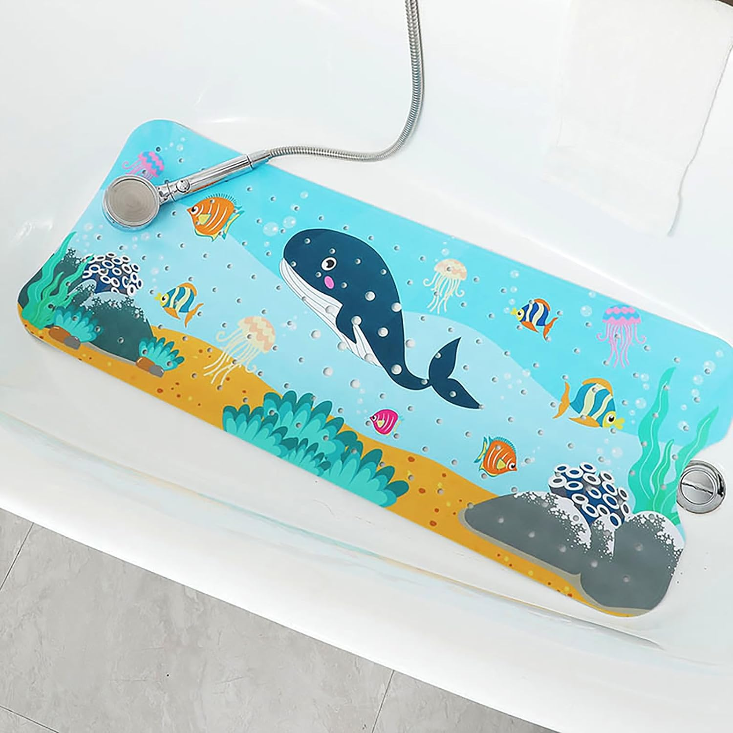 Make Bath Time Safe and Fun with Our Non-Slip Bath Mat for Kids, anti Slip Bathroom Toddler Shower Mat, Bath Mats with Suction Cups & Drain Holes, Machine Washable - Sea World Design image number 5