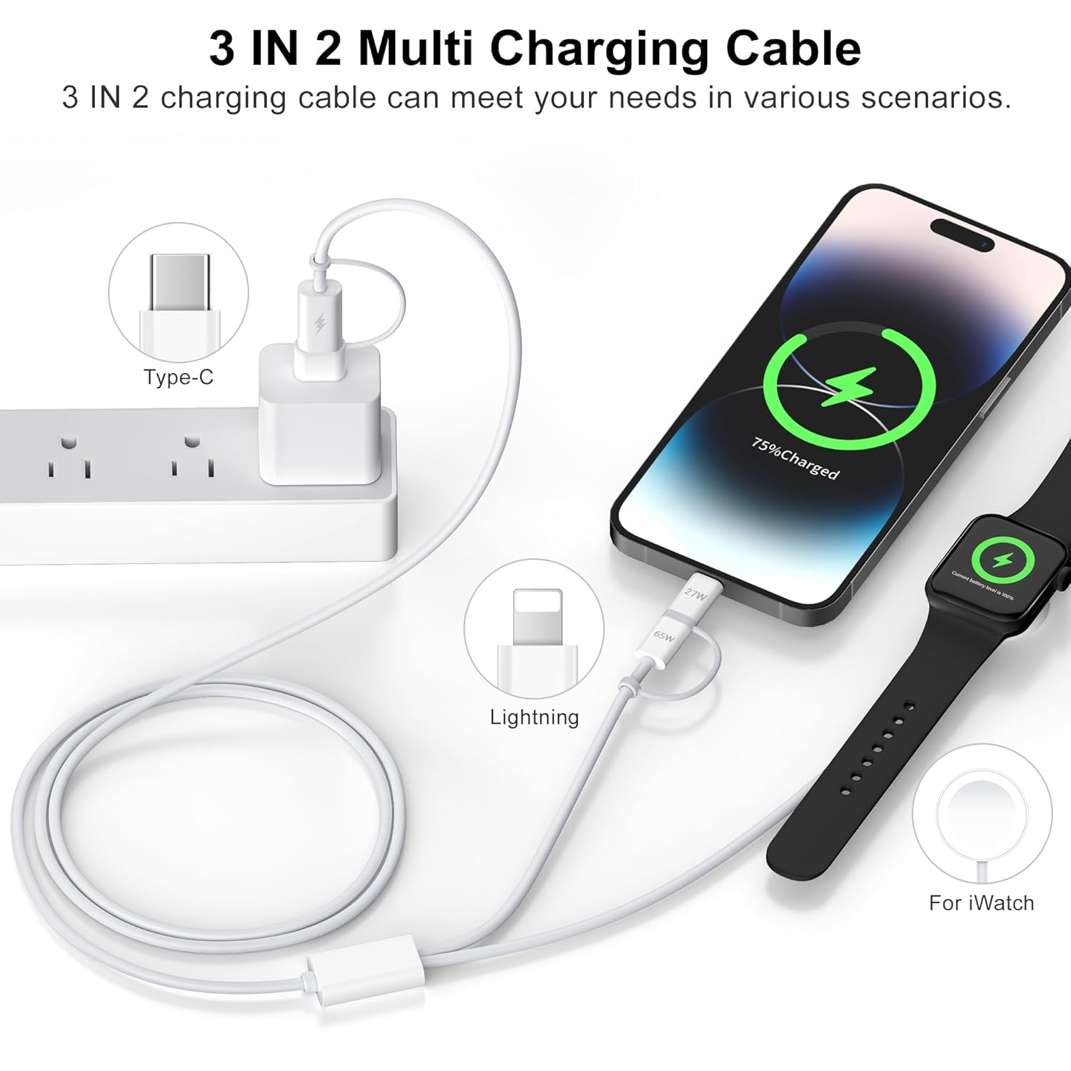 Zumyzu for 3 in 2 Apple Watch Magnetic Charger, Fast Charging to Usb-C/Lightning/Usb-A Multi Cable Cord 1.5M, Compatible with Iwatch Ultra/Series 11-1 Charger&Iphone Cable&Type-C Phones Cable image number 3