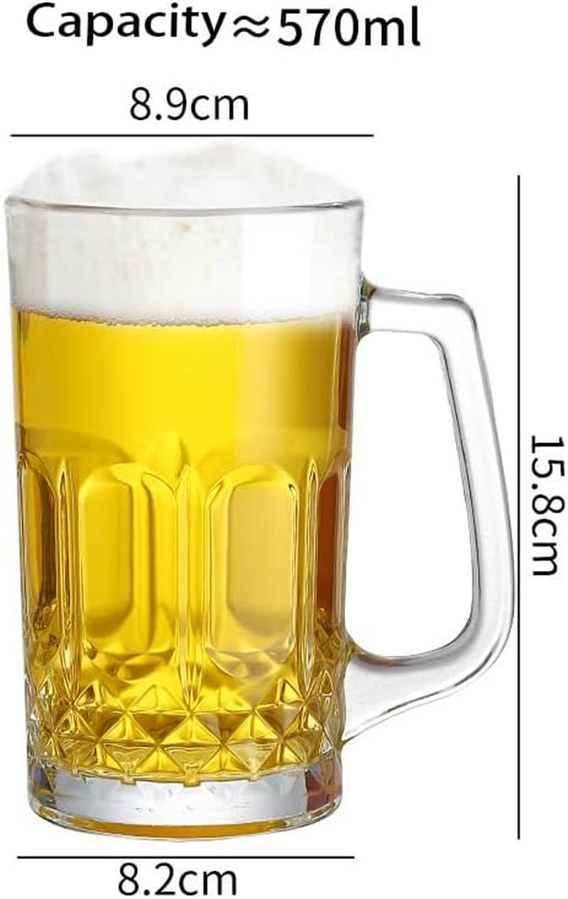 2 Pack Large Glass Beer Cups,570Ml Glass Beer Mug with Handle,Beer Mugs Set,Beer Glasses for Freezer for Freezer, Bar, Cocktail, Alcohol, Beverages