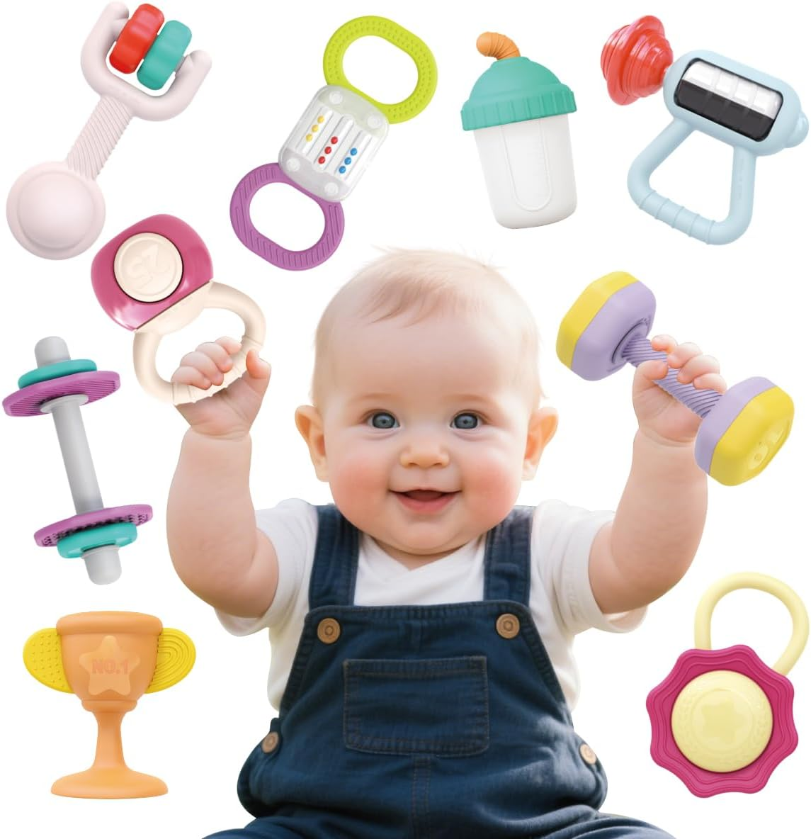 Kaekid Baby First Gym Rattle Set, Infant Dumbbell Weights Teething Rattles 3-6-12 Month, Babies Development Sensory Toys with Storage Box, Newborn Boys and Girls Birthday Gift image number 1
