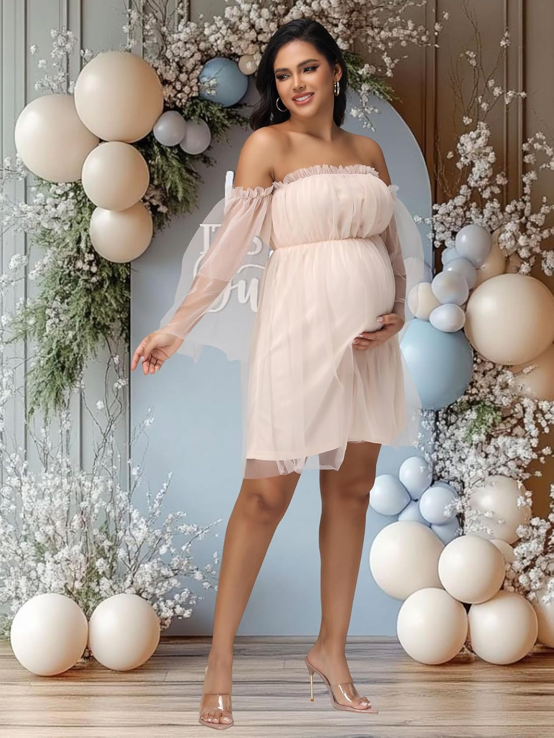 Justvh Women'S Maternity off Shoulder Ruffle Sleeves Mesh Baby Shower Dress for Photoshoot Party Mini Short Gown image number 4
