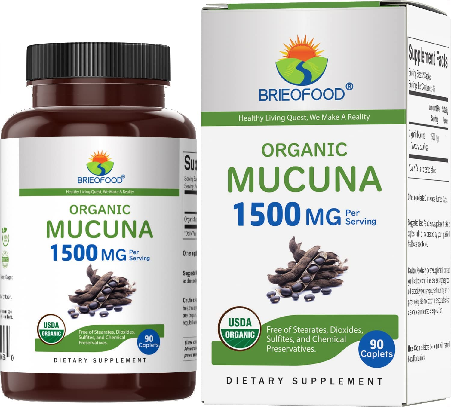 Brieofood Organic Mucuna 1500Mg, 45 Servings, Vegetarian, Gluten Free, 90 Vegetarian Tablets image number 1