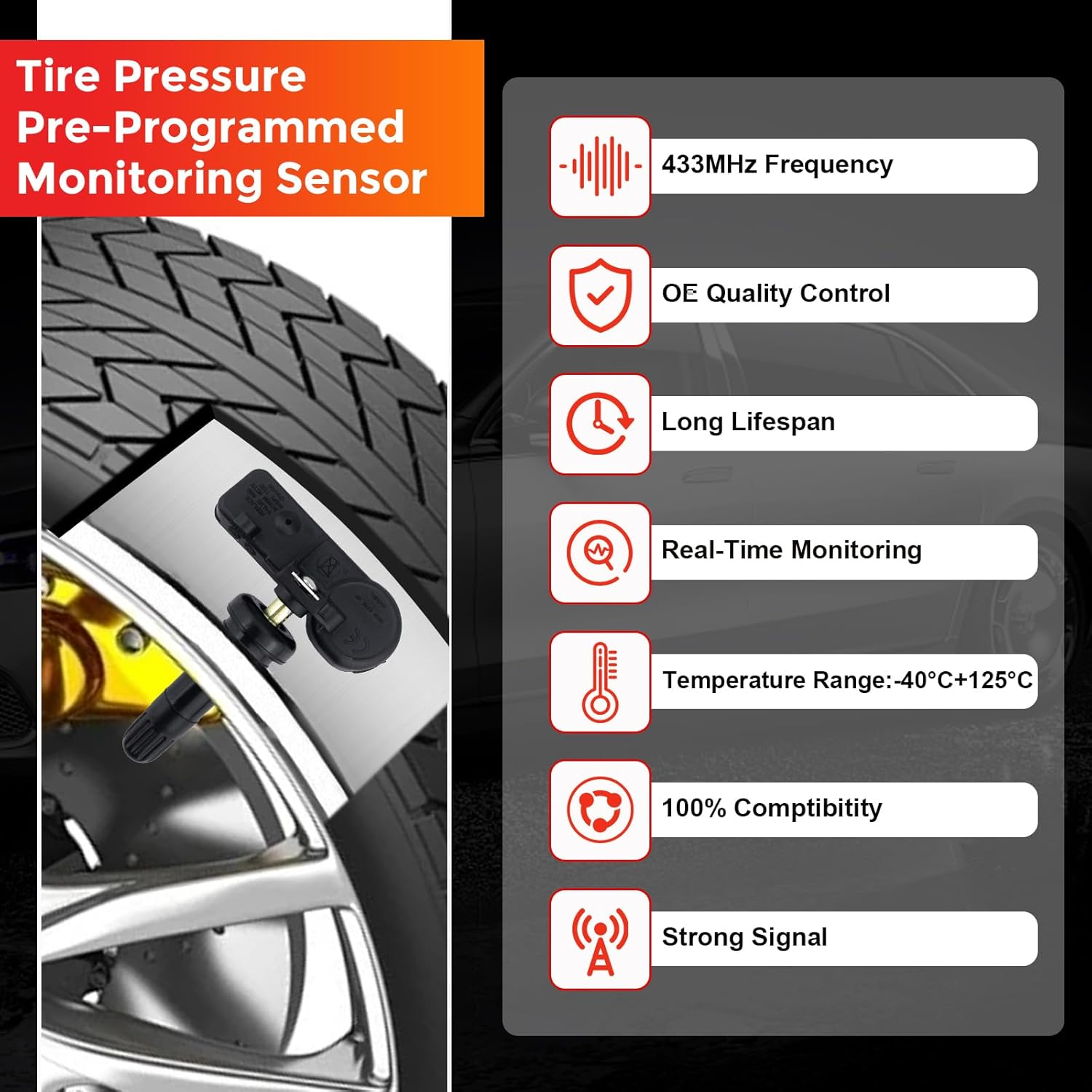 Set of 4 TPMS Tire Pressure Monitoring System Sensor 433Mhz Compatible with Jeep Wrangler JK Dodge Ram Charger Replacement for 56029398AB 68142397AA 68241067AA 68241067AB image number 4