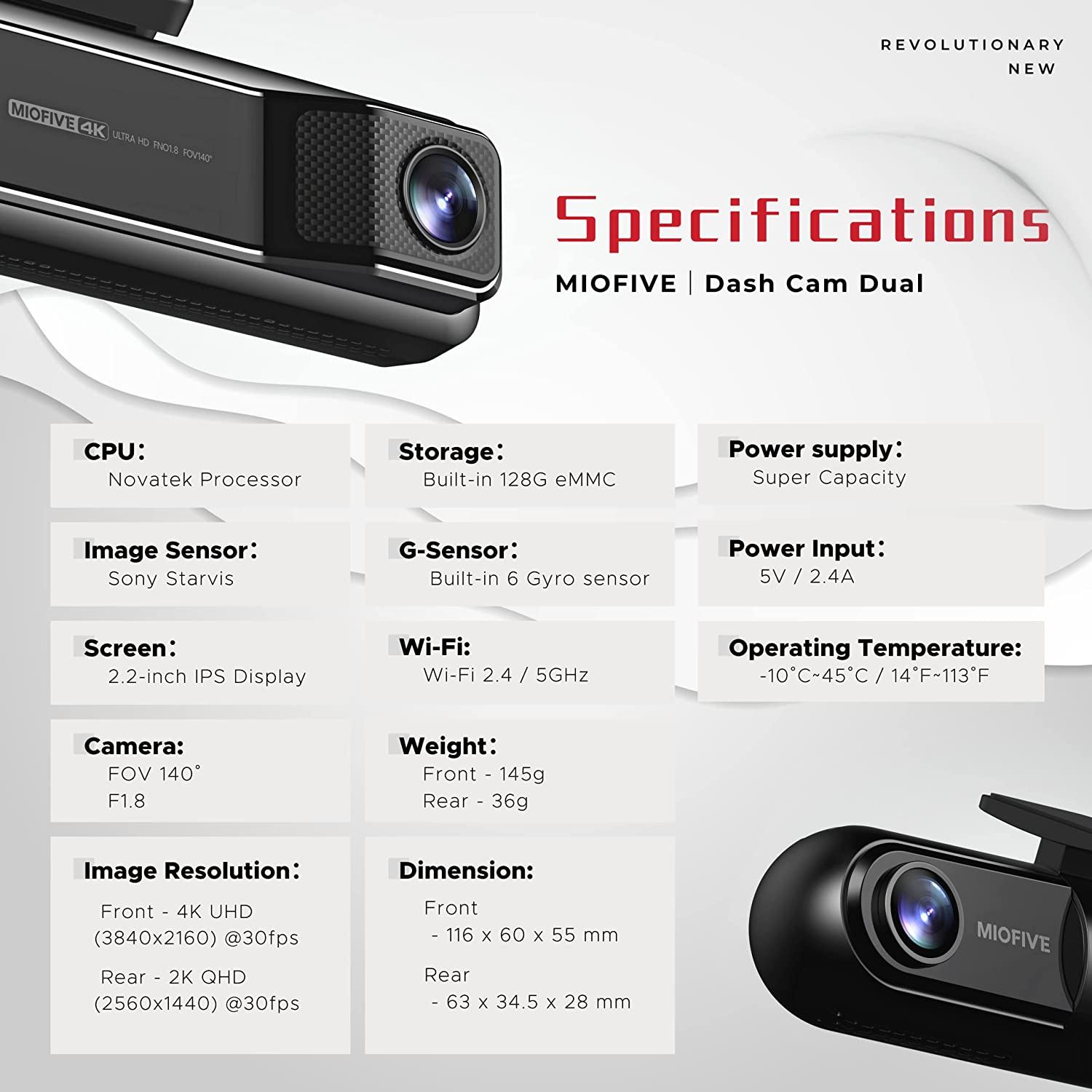 Miofive Front and Rear Dash Camera, 4K + 2K Dual Dash Cam with 5G Wifi, GPS, Speed, 2160 UHD Recorder, Built-In 128G Emmc Storage, Night Vision, Motion Detection, G Sensor Powered by Super Capacitor image number 3