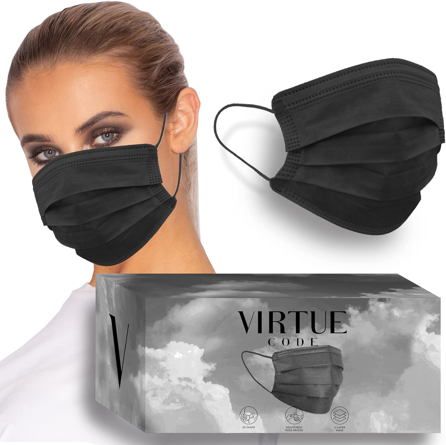 VIRTUE CODE 50 Disposable Face Masks for Men and Women. Face Mask with Elastic Ear Loops