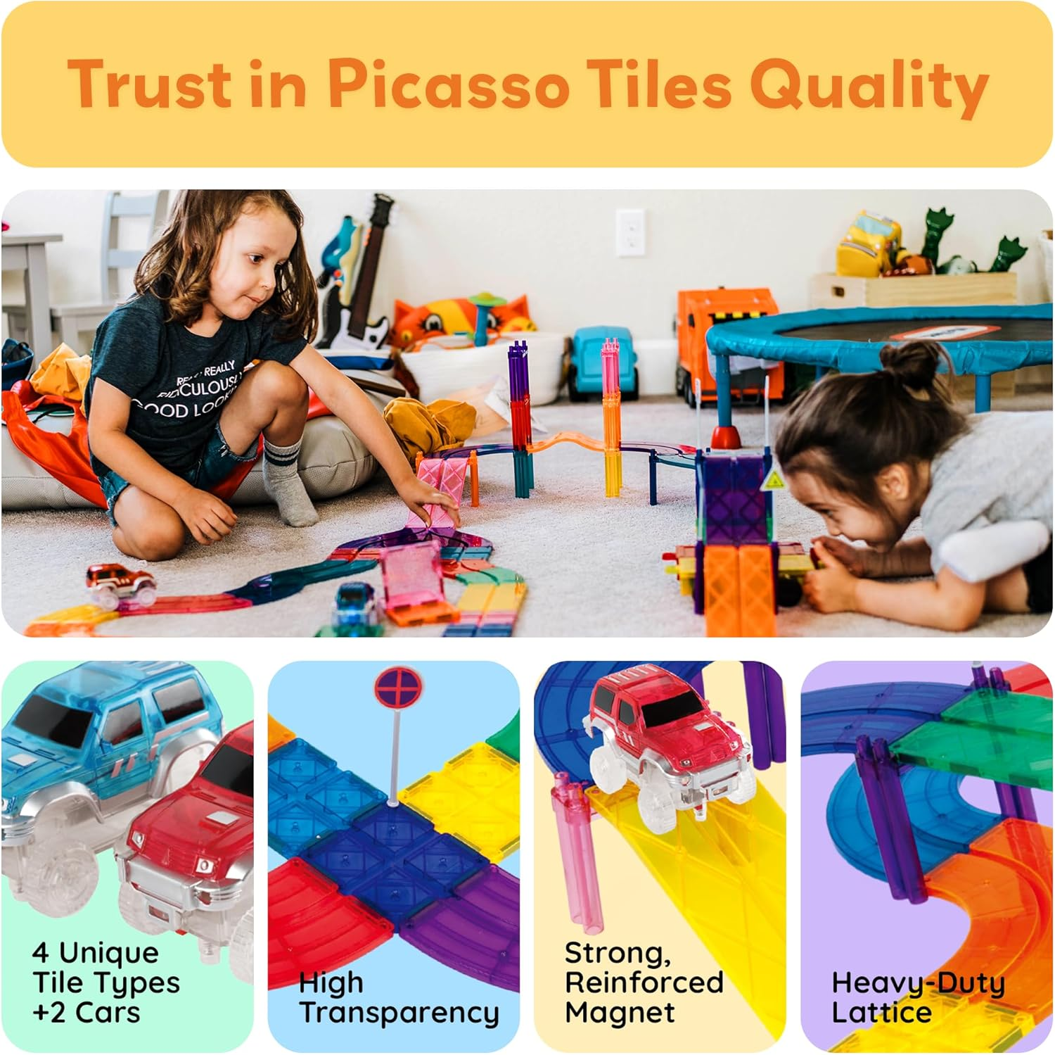 Picassotiles Magnetic Race Track Toys Car Tracks Set for Toddlers Magnet Building Blocks Tiles Sensory Toys for Kids Include 2 Trucks STEM Engage in Thrilling Races Age 3+ Year Old Boys Girls image number 4