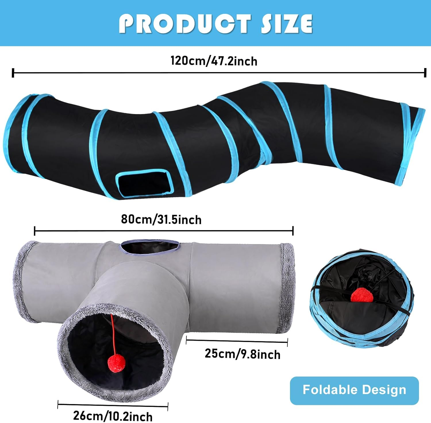 Cat Tunnel, 2 Pieces Cat Toy Tunnel, 3-Way, S-Shape, Cat Tunnel Labyrinth, Cat Play Tunnel Toys for Cats, Rabbits and Small Animals (Blue, Grey) image number 6