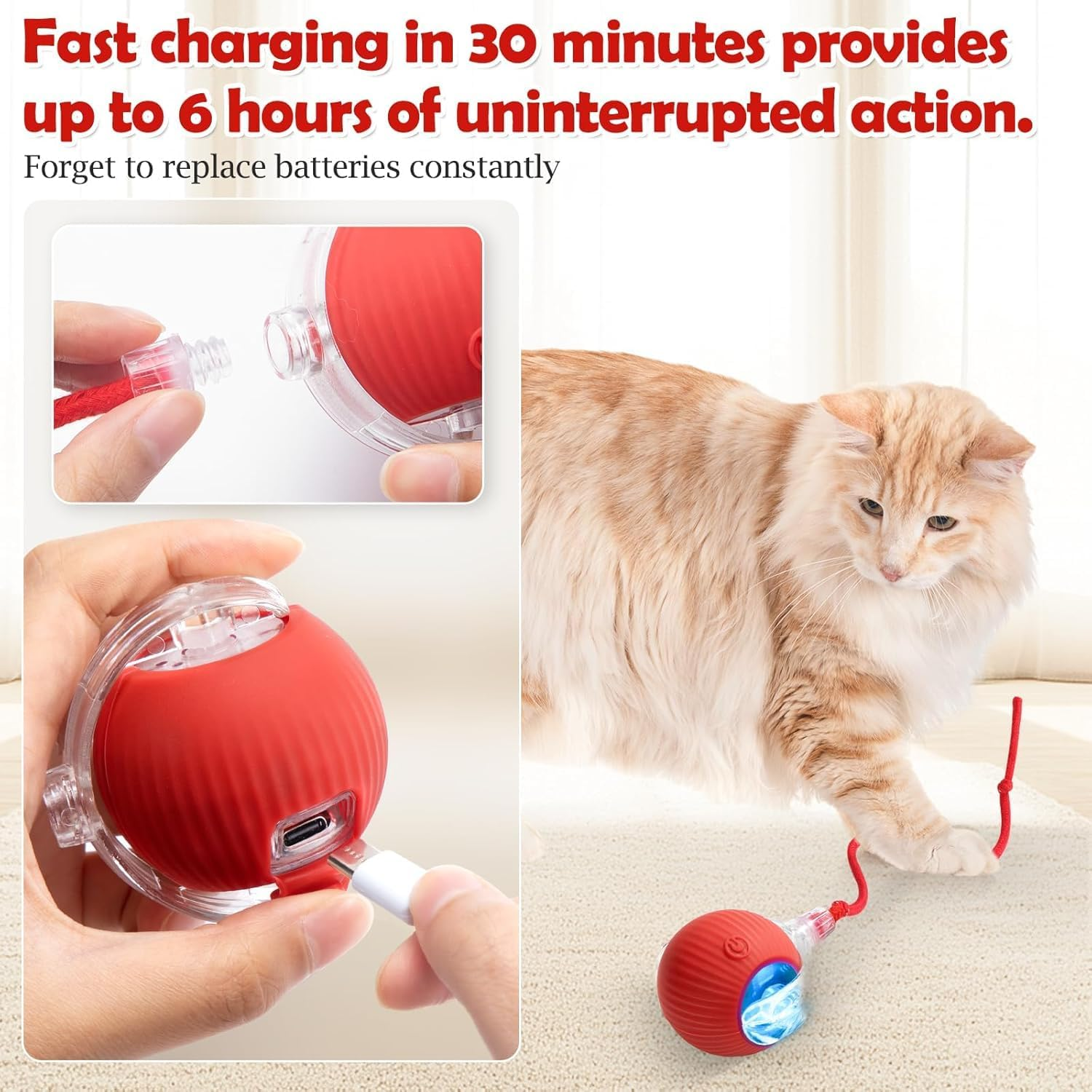 Interactive Electric Automatic Rolling Moving USB Rechargeable Self Activated Play Stimulation Toy Smart Chase Teaser Ball with Speedy Tail Rope for Bored Adult Indoor Cats and Dogs, Red image number 4