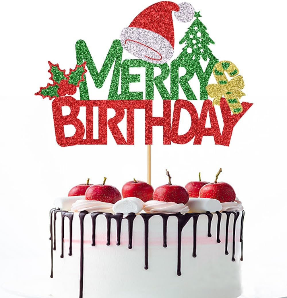 Merry Birthday Cake Topper,New Year Christmas Holiday Party Supplies,Red & Green Glitter Christmas Cake Decorations，Winter Holiday Cake Picks-Christmas Birthday Party Supplies(Birthday 2)