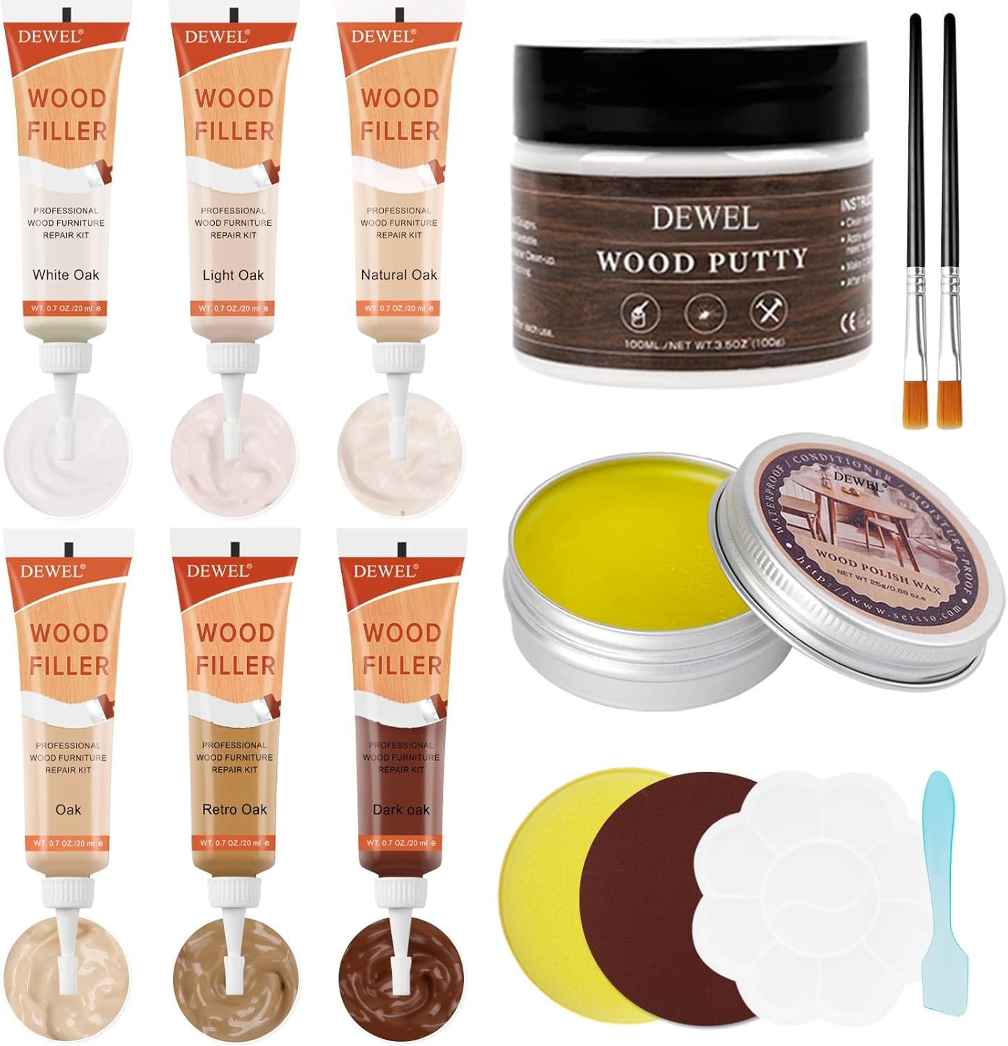 Furniture Repair Kit Wood Filler, Upgrade 6 Colors Oak Series Wood Floor Repair Kit, Filler Furniture Paint, Wood Putty & Wood Polish Repair Wood Floor, Crack, Holes, Laminate, Cabinet, Table, Oak