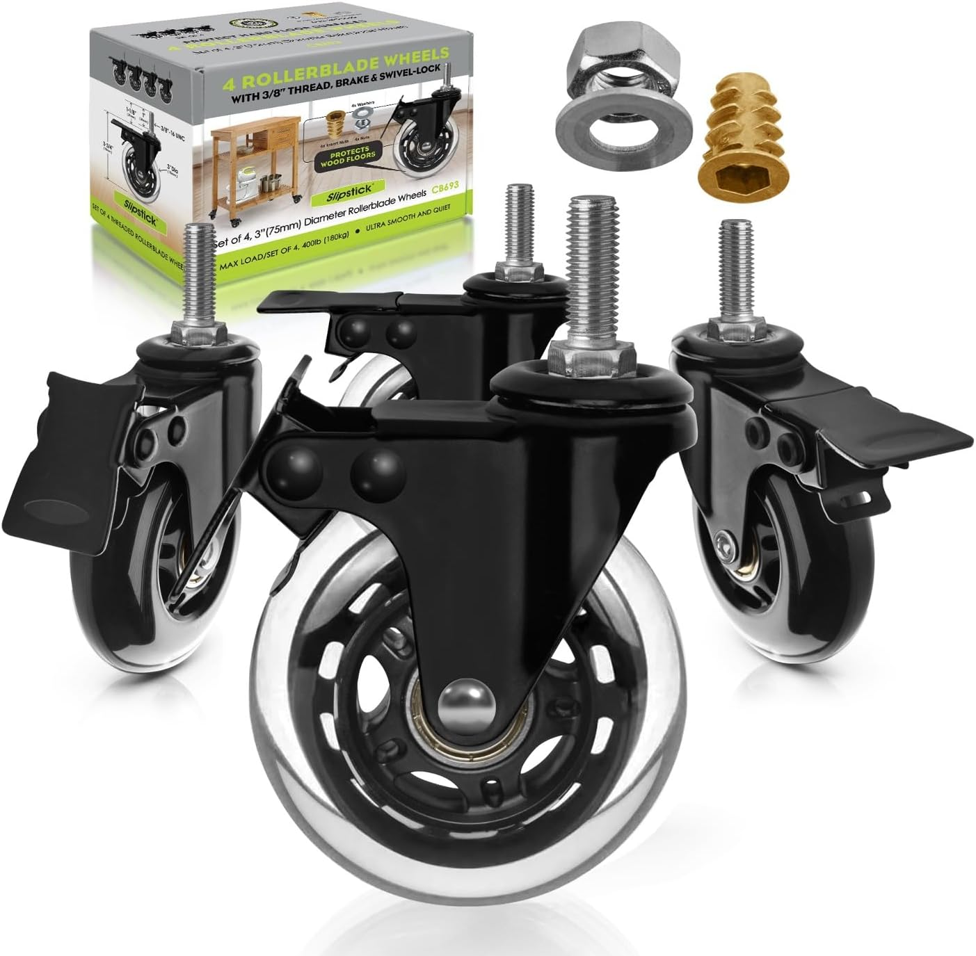 Slipstick CB693 Premium 3 Inch Rubber Caster Wheels with Brake (4 Pack) Replacement Rollerblade Style Swivel Casters with 3/8&rdquo;&ndash; 16X1&rdquo; Threaded Stem, Includes Mounting Hardware, Black/Clear Castor image number 3