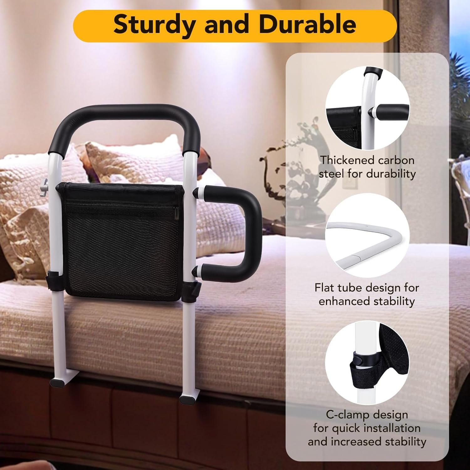 Bed Rails for Elderly Adults Safety - Adjustable Bed Assist Rails for Seniors with Dual Handrails, Easy Tool-Free Installation, Flat Tube Design, Storage Pocket,300Lbs Weight Capacity for Support image number 4