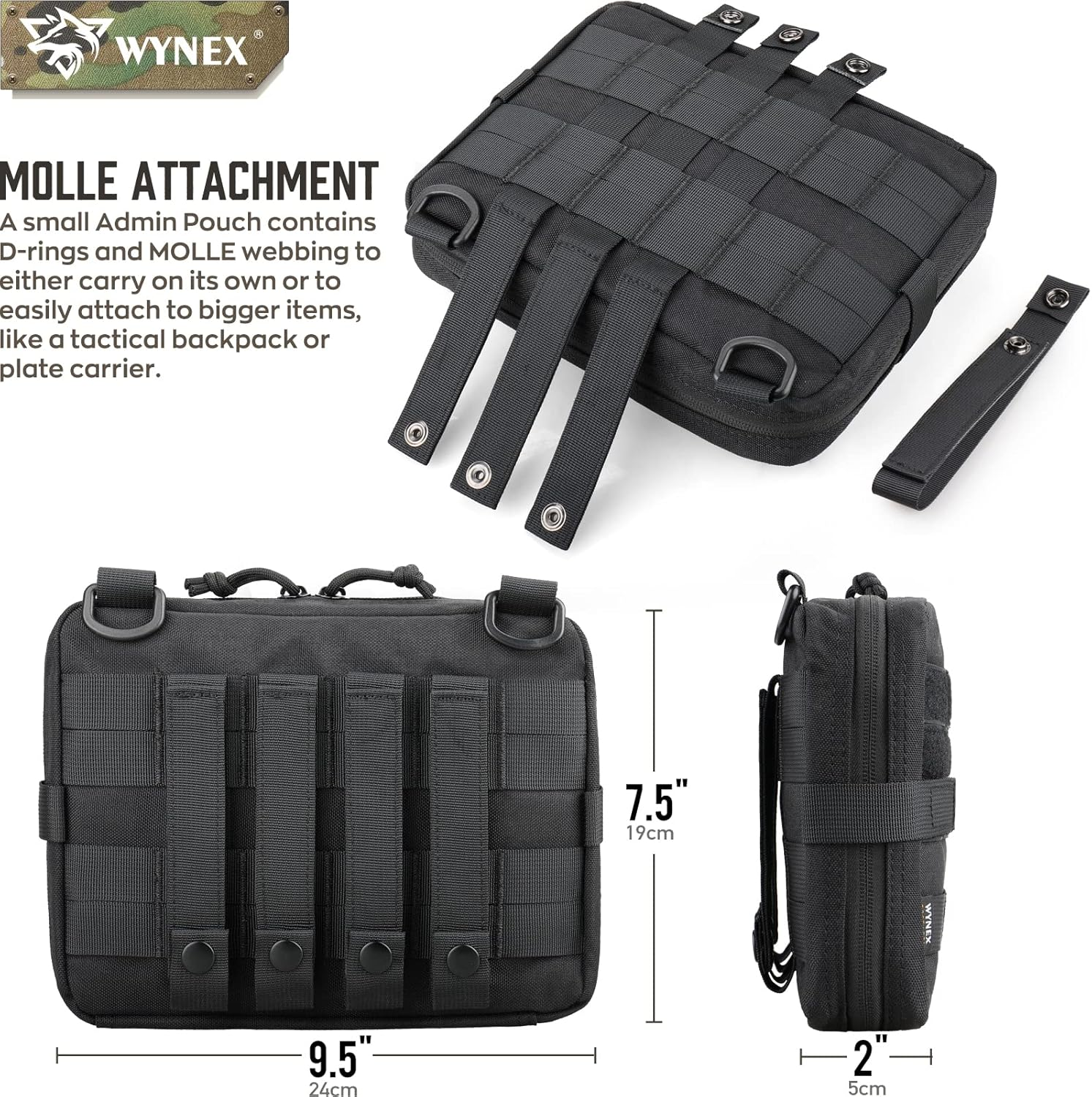 WYNEX Tactical Admin Molle Pouch, Medical EDC EMT Utility Bag Shell Design Attachment Pouches 1000D Nylon Hiking Belt Bags Waterproof - Black (Upgrade) image number 3