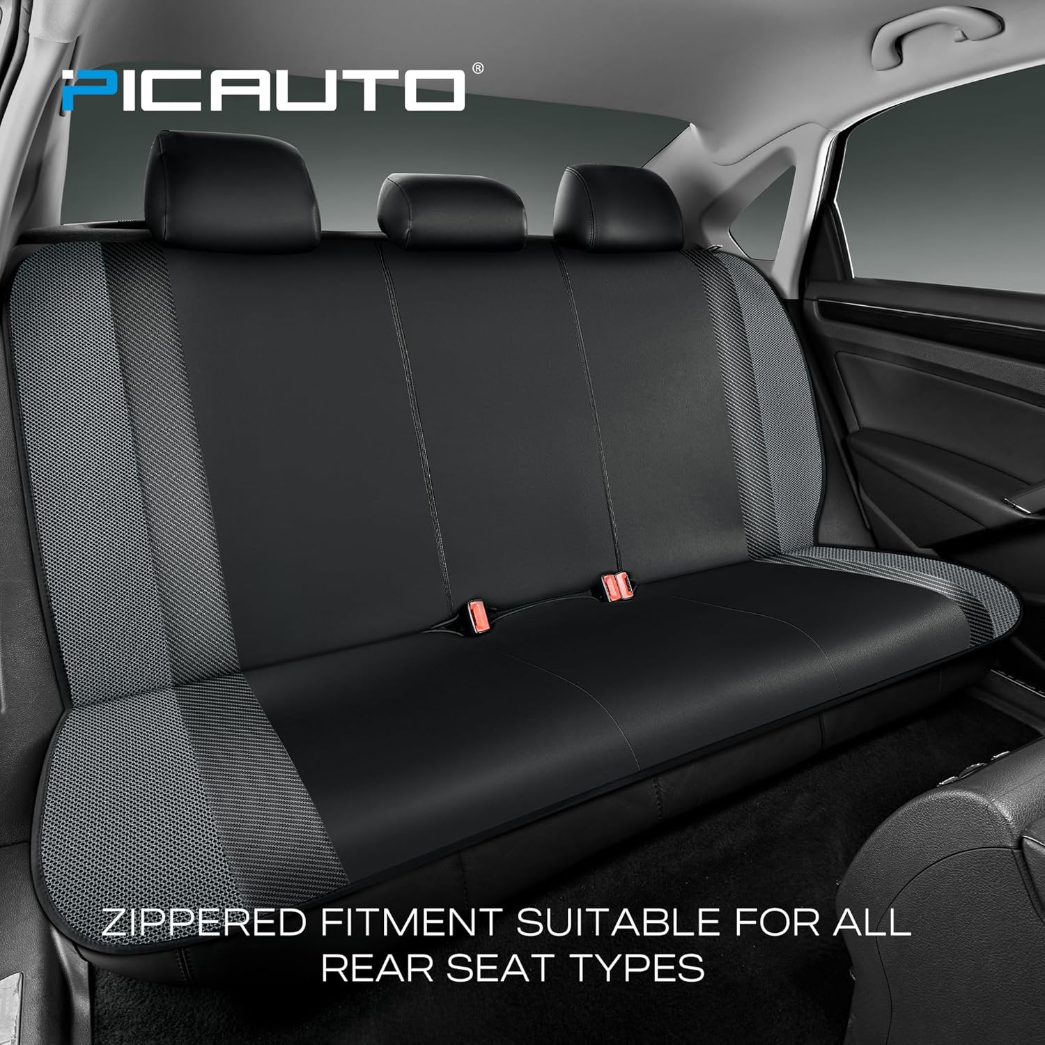 PIC AUTO Leather Car Seat Covers, Sports Carbon Fiber & Mesh Design, High-Back Full Set, Waterproof Automotive Seat Covers, Airbag Compatible, Universal Fit for Cars, Suvs, Trucks (Black & Gray) image number 6