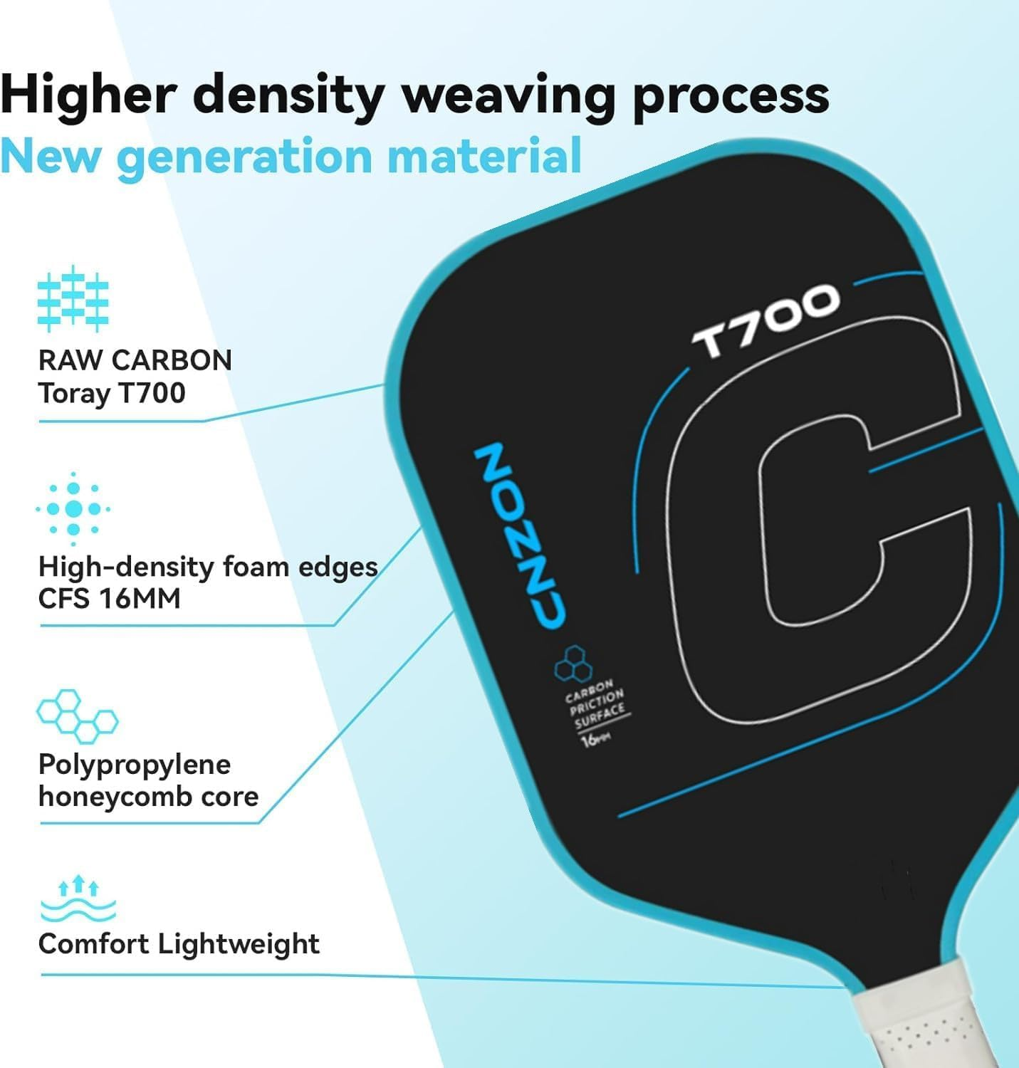 Pickleball Paddles, 16MM T700 Thermoformed Raw Carbon Fiber Pickleball Paddle, High Grit & Spin, Honeycomb Core, Elongated Handle, anti Slip Sweat Absorbing Grip, CNZON Pickleball Racket image number 6