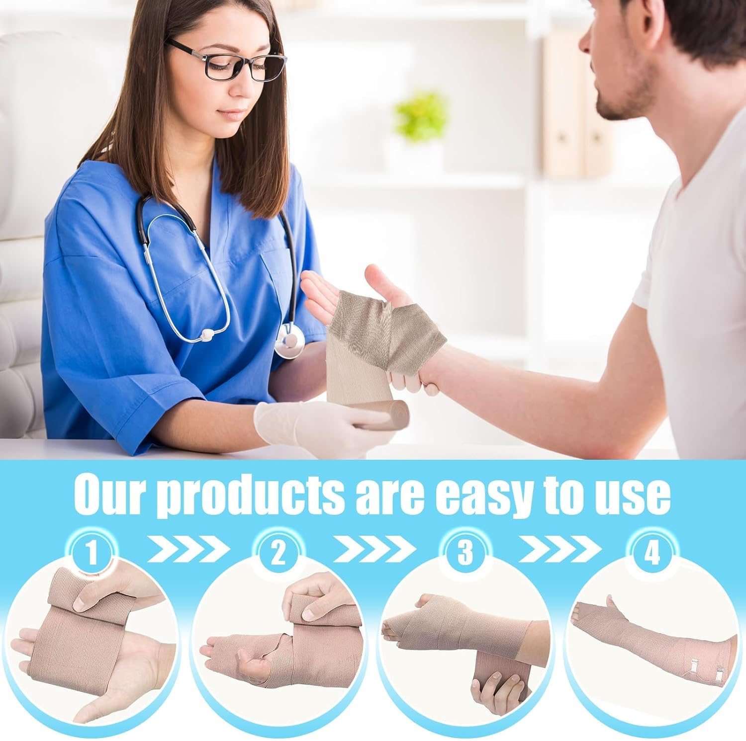 Elastic Bandage Wrap, 4 Pcs (4Inch X 15Ft) Durable Compression Bandage with Clips, Lightweight Portable Bandages for Ankle, Wrist, Arm, Leg Sprains