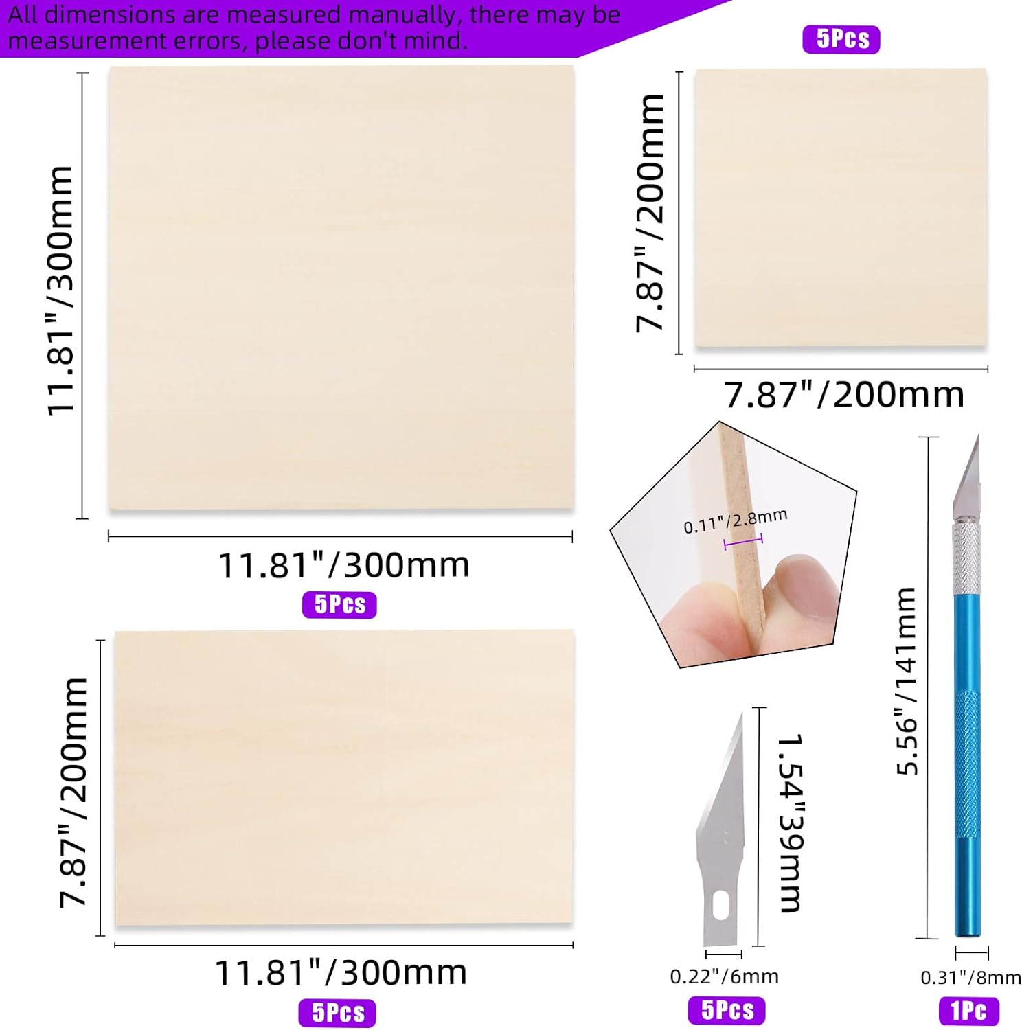Swpeet 16Pcs 3 Sizes Basswood Sheets Kit - 7.87 Inch and 11.8 Inch Square Thin Wood Plywood Board with Trimmer Pen Knife - Natural Unfinished Wood for Crafts image number 4