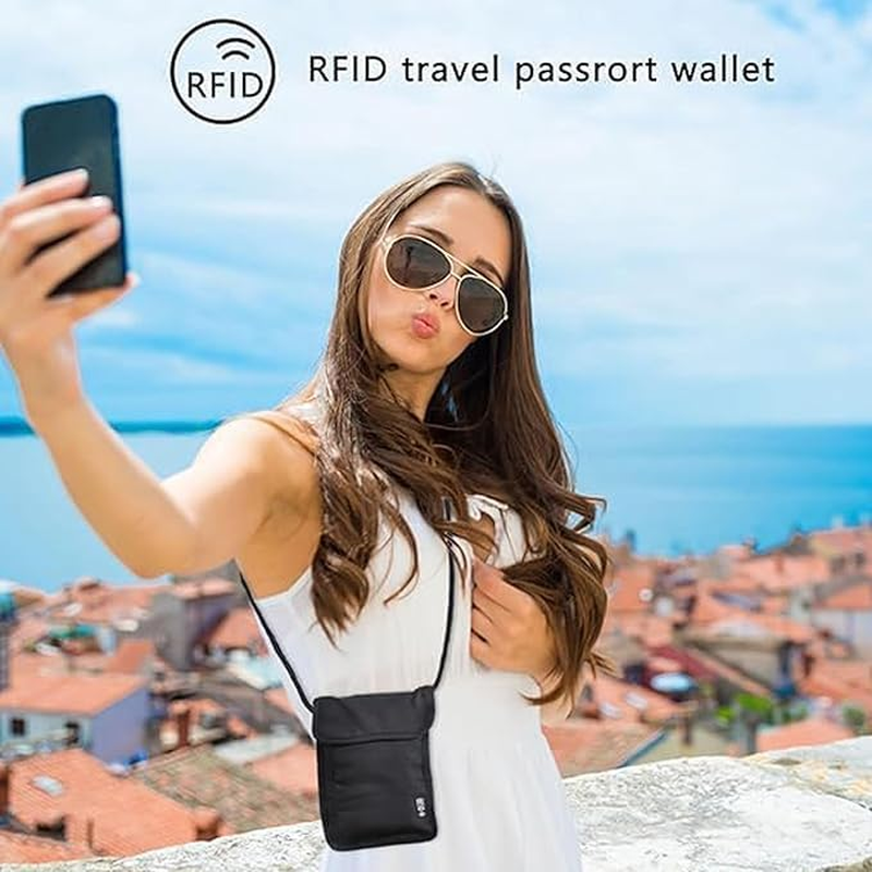 Neck Wallet Travel Neck Pouch, Passport Holder Travel Wallet RFID Blocking Passport Bag Men Women Children, Waterproof Travel Document Wallet Organiser, Adjustable Phone Bag for Card Key-Black image number 5