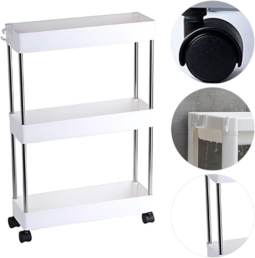 3-Tier Storage Cart, Movable Storage Rack, Portable White Utility Cart, Narrow Space Rolling Trolley with Wheel, Suitable for Kitchen Bathroom Pantry Laundry (40 * 22 * 62 CM) ﻿ ﻿