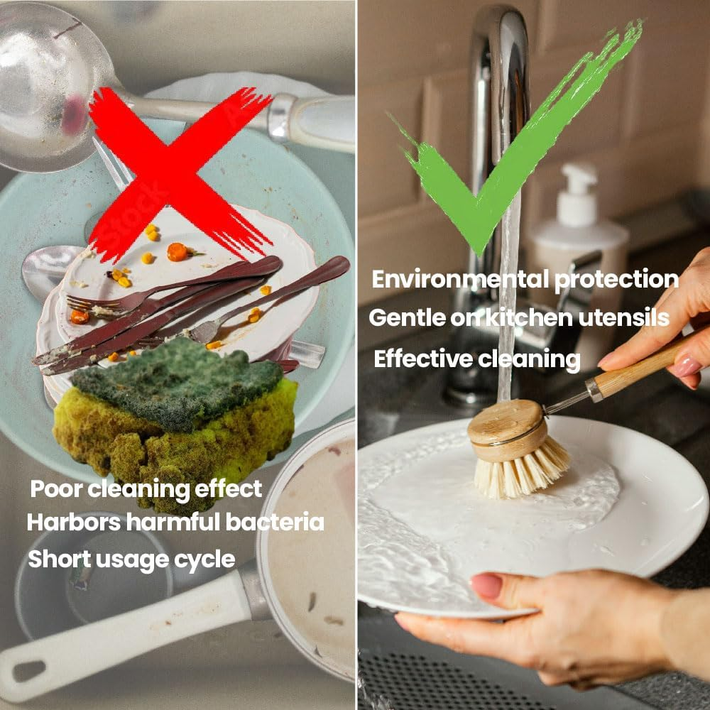 Eco Basics Plastic Free Dish Brush Refills, 2 Pack - 5X5X4.5Cm, Natural Bamboo Base, Tough Tampico Fibers, Biodegradable, Easy Clip-On Design for Sustainable Cleaning image number 3