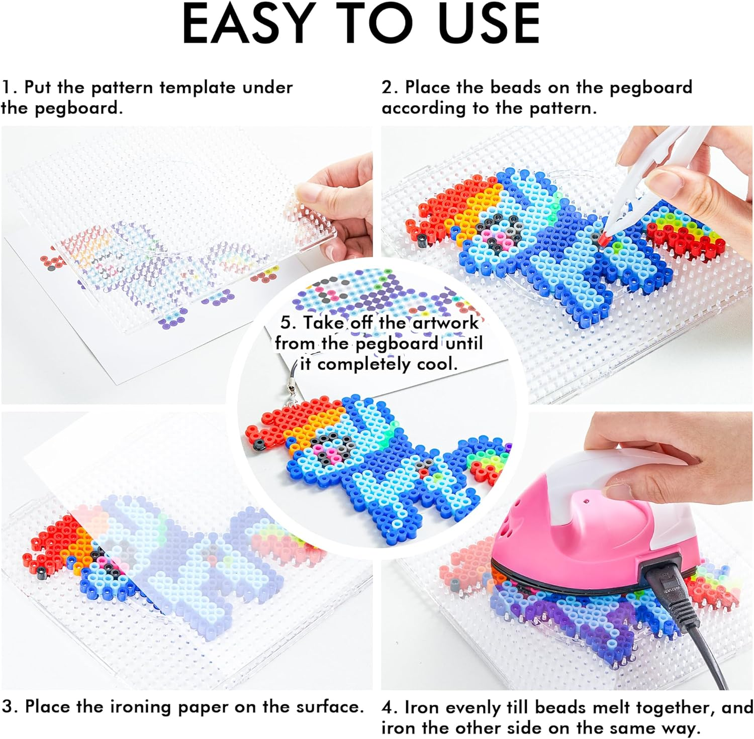 INSCRAFT Fuse Beads, 21,000 Pcs Fuse Beads Kit 22 Colors 5MM for Kids, Including 8 Ironing Paper,48 Patterns, 4 Pegboards, Tweezers, Beads Compatible Kit image number 4