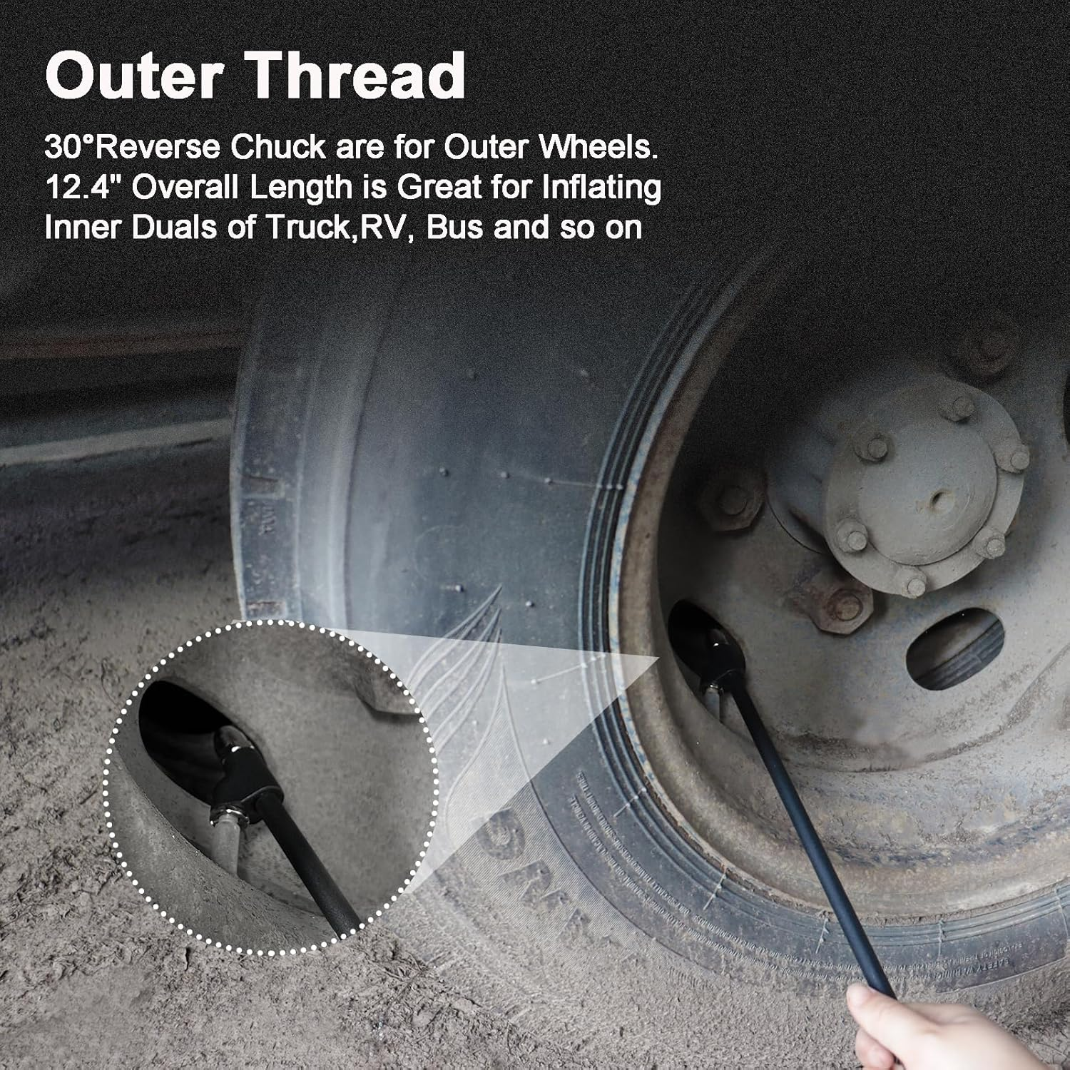 GODESON Air Chuck,12" Extended Reach Air Chucks for Tires，Heavy Duty Dual Head Air Chuck for Semi Tire Inflation,1/4" FNPT Straight Air Chuck for Truck RV Semi Dually Tires image number 5