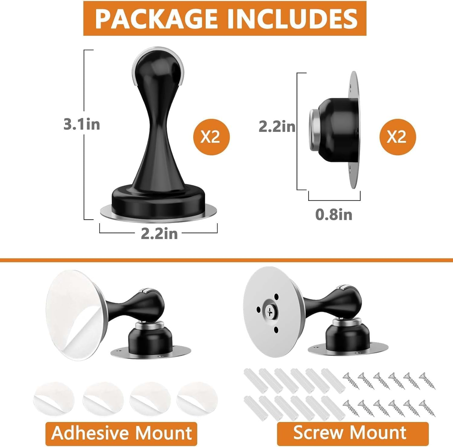 Magnetic Door Stopper - 2 Pack - Stainless Steel Door Stoppers for Bottom of Door| Magnetic Door Stop for Wall and Floor Mounting| No Drilling Door Catch Door Holder with 3D Adhesive Tapes (Black) - Black image number 6