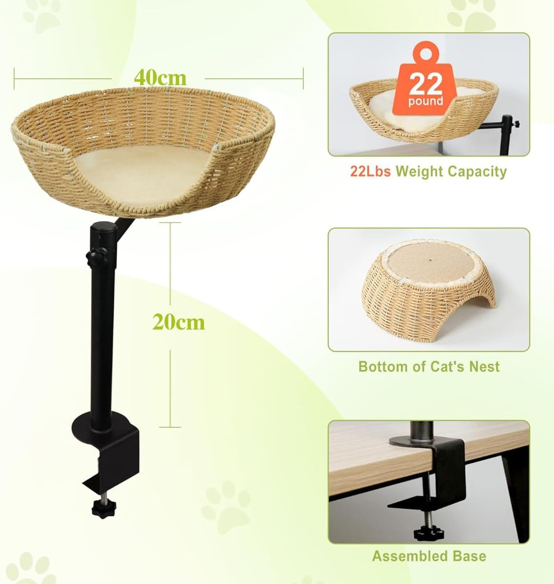 Cat Desk Bed,360&deg;Rotating & Adjustable Desk Cat Bed, Steel Frame,Cat Bed for Desk with Paper Rope Material,Cat B Ed Desk,With Pet Mat C at Beds for Indoor C ATS for Office Desks, Game Tables image number 3