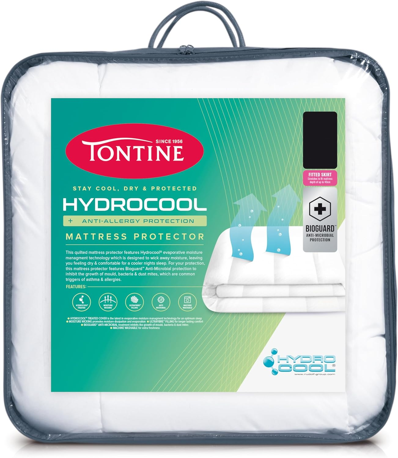 Tontine Hydrocool anti Allergy Mattress Protector &ndash; Moisture Wicking Technology Keeps You Cool and Dry &ndash; Fitted Skirt Stretches to 50Cm &ndash; Machine Washable &ndash; King image number 1