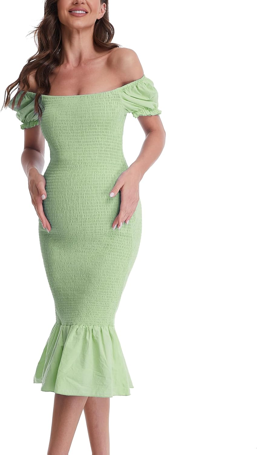 Maternity Summer Midi Bodycon Dresses, Short Puff Sleeve Square Neck Ruffle Hem Mermaid Baby Shower Dress image number 4