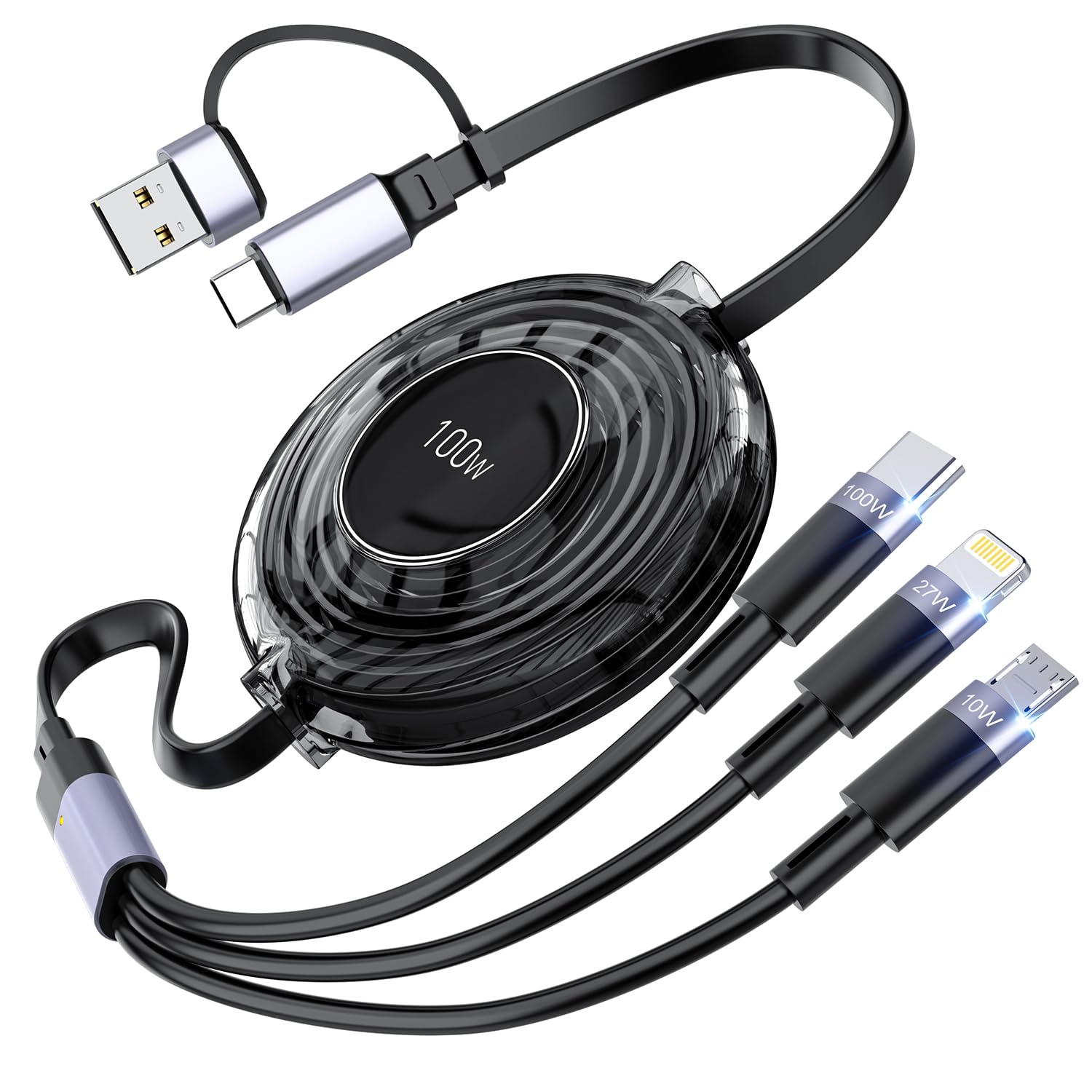 3-In-1 Retractable Multi Charging Cable, 100W Fast Charging USB-C/A to Lightning/Usb-C/Micro USB for Iphone 17, 16/15 14 Pro Max, Samsung, Travel Charger for Multiple Device - Transparent (Black)