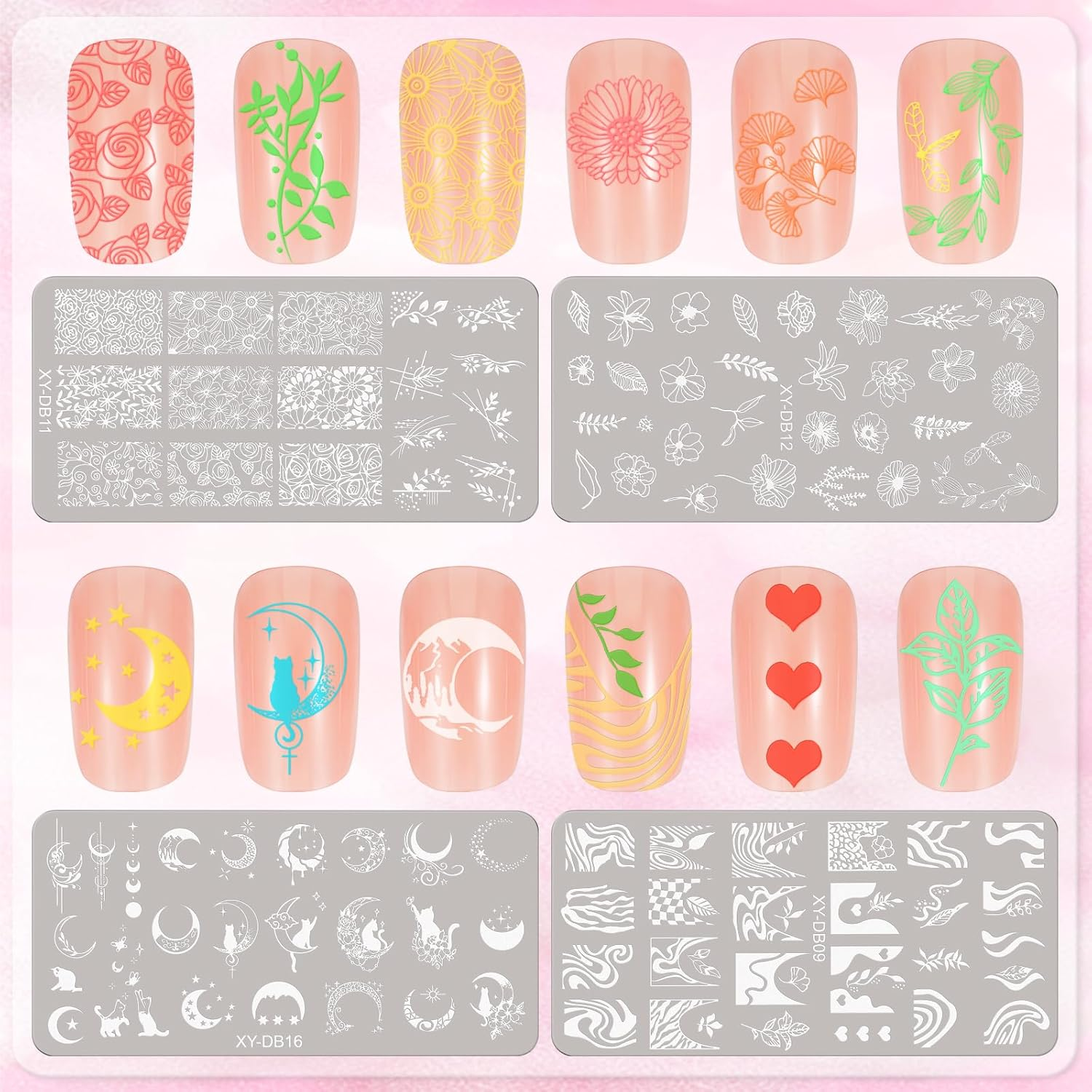 MWOOT 4 Pieces Nail Stencil Stamp Set, Stripes Lines Flower Leaves Moon Cat Theme Stamp Nail Design, French Nail Art Stamping Plates Nail Stamping Manicure Tool Kit image number 1