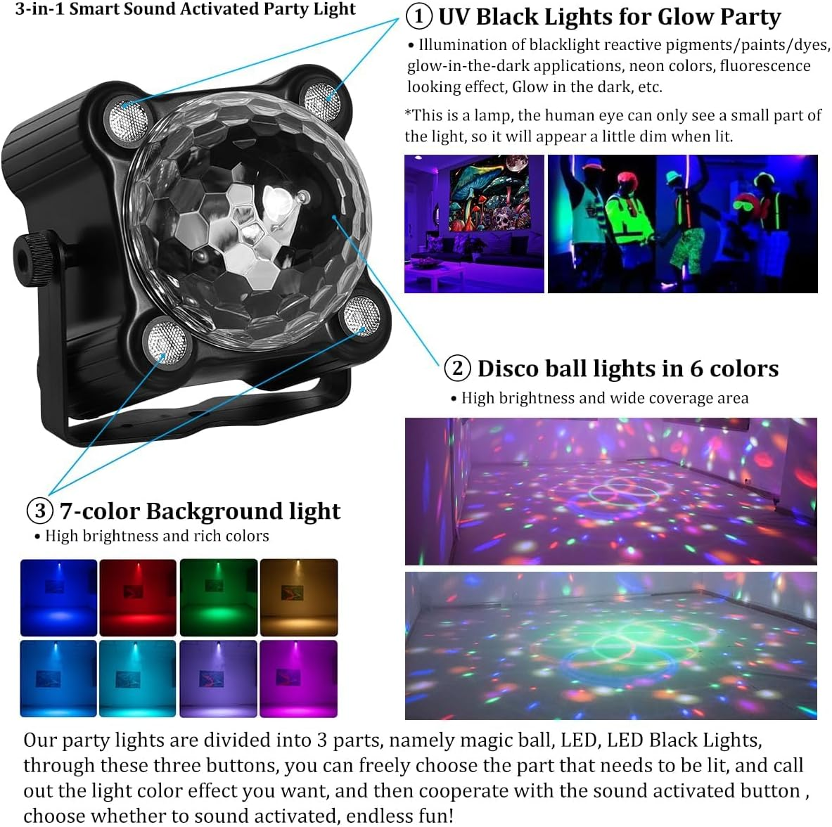 CTDZLED Disco Ball Party Lights Sound Activated Strobe DJ Stage Lighting for Indoor Room Outdoor Dance Floor Parties Birthday Rave Home Karaoke Halloween Christmas Wedding Show Bar Club