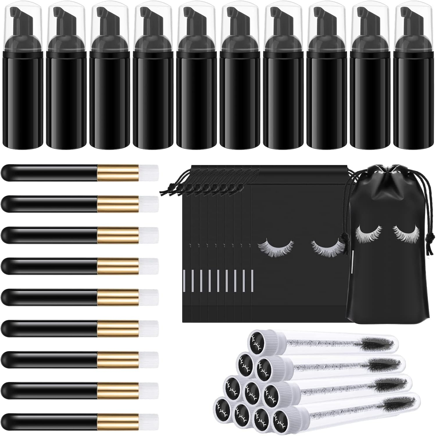 PAOFUFUI 40 Pcs Lash Shampoo Bottle Brushes & Dispensers Set, 10 Pcs Lash Brushes, Tubes & Aftercare Bag for Clients, Women (Black)