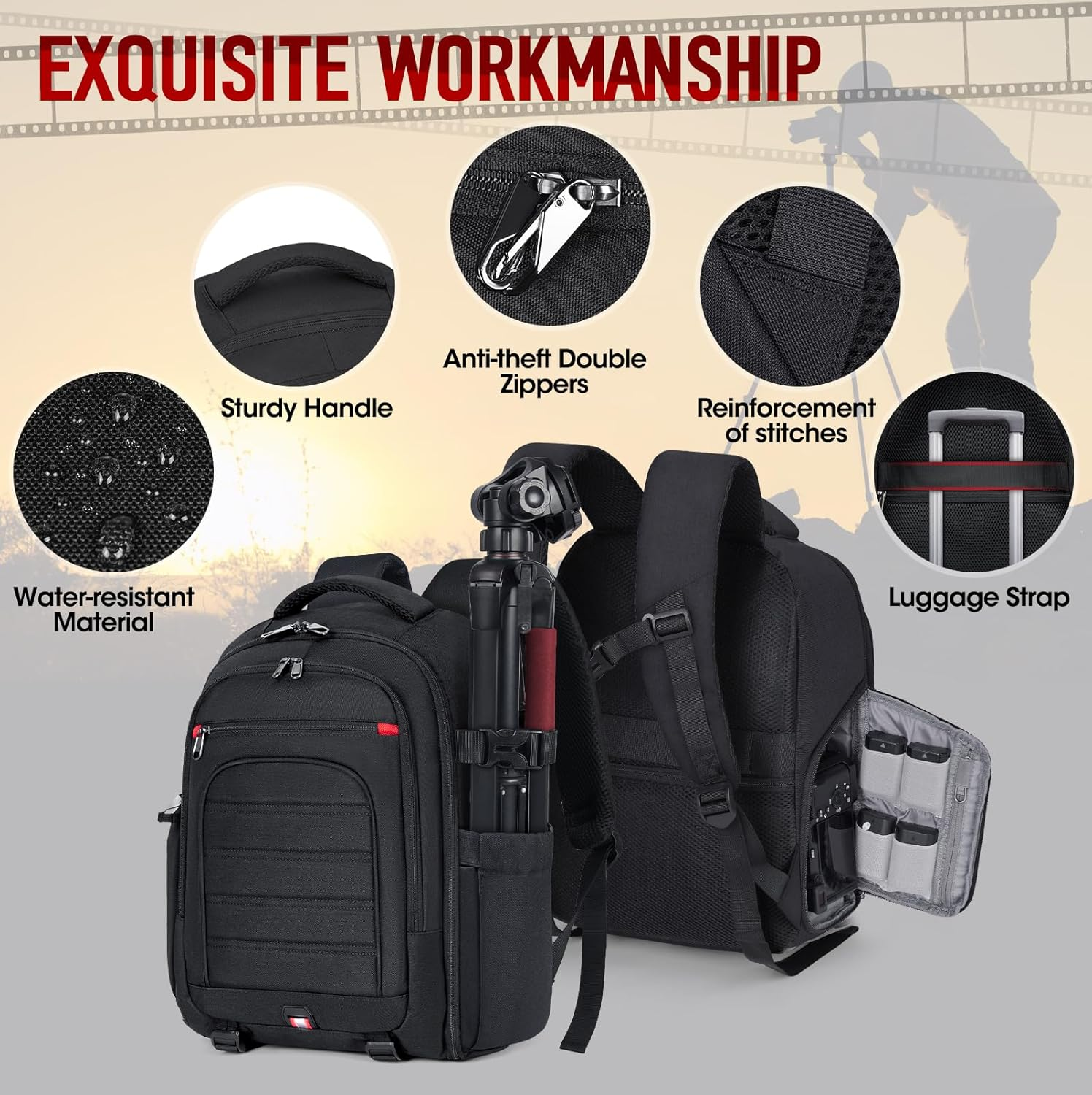 Lubardy Camera Backpack for DSLR SLR 15.6 Inch Laptop, Anti-Theft Travel Camera Case with Waterproof Rain Cover, Tripod Holder, Black image number 4