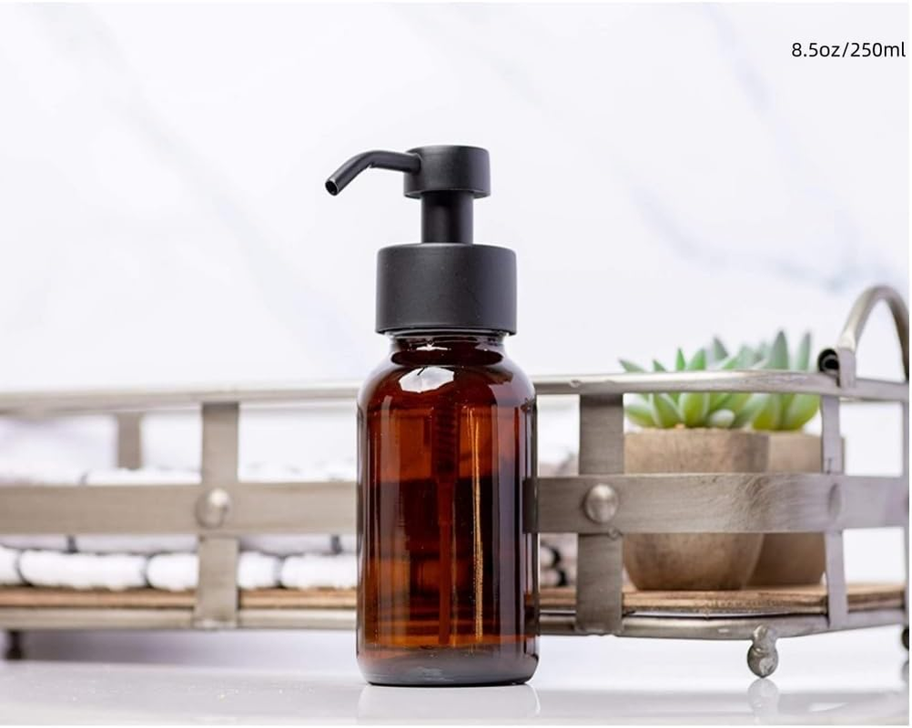 HIDOSNG Foaming Soap Dispenser, 2 Pack Amber Glass Foam Soap Dispenser for Bathroom & Kitchen, Modern Refillable Foaming Hand Soap Dispenser, Foam Pump Bottle with Waterproof Labels 8.5 Oz image number 4