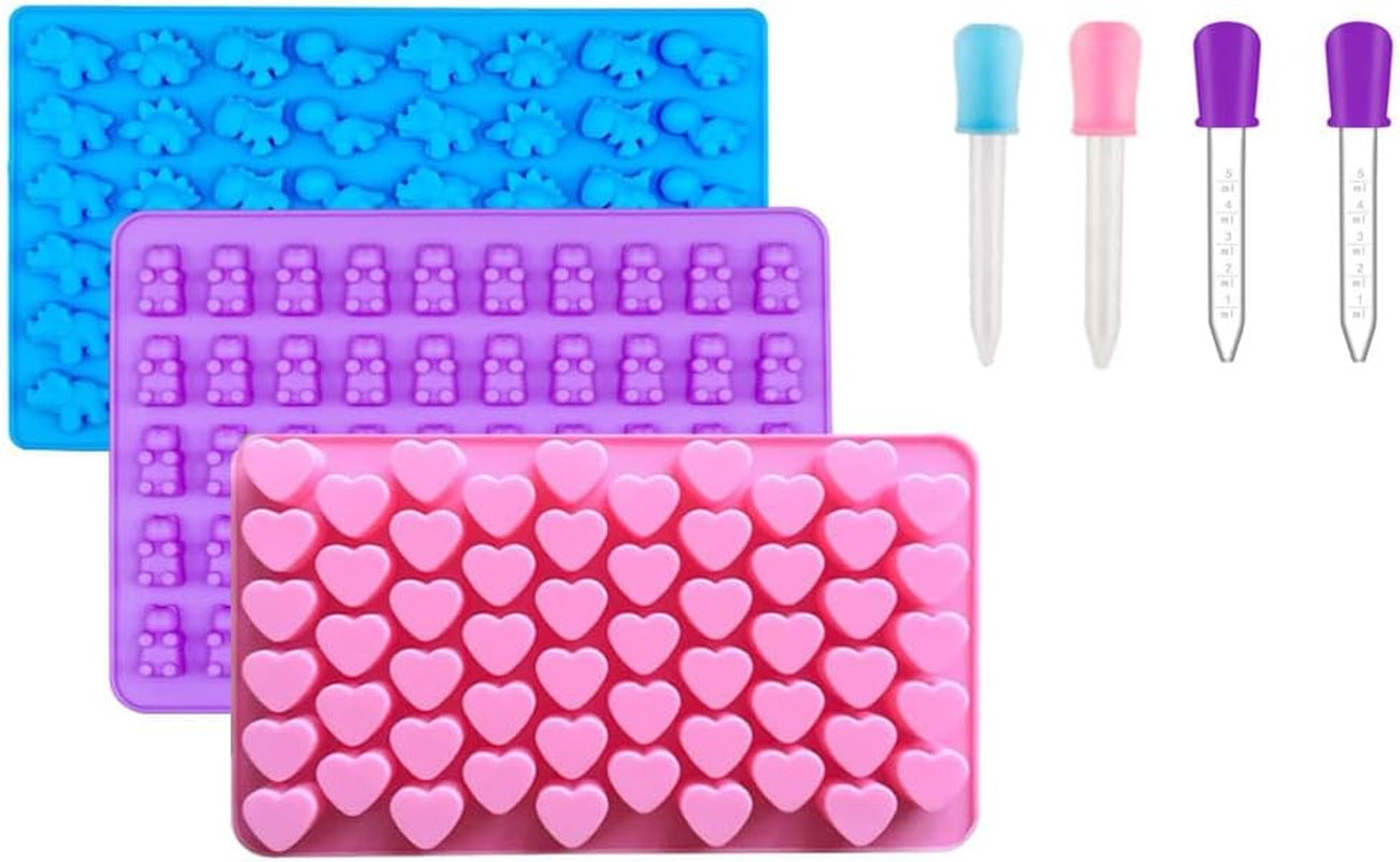 Armastuse 3 Pack Gummy Bear Candy Molds Silicone, Molds with 4 Droppers, Non-Stick Silicone Candy Molds,Mini Donut for Jelly, Candy, Chocolate (Blue,Purple, Pink)
