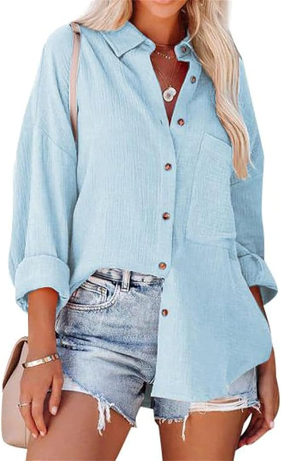 Women'S Beach Wear Long Sleeve Shirt Casual Collared Shirt Loose Blouses Button down Shirts with Front Pocket