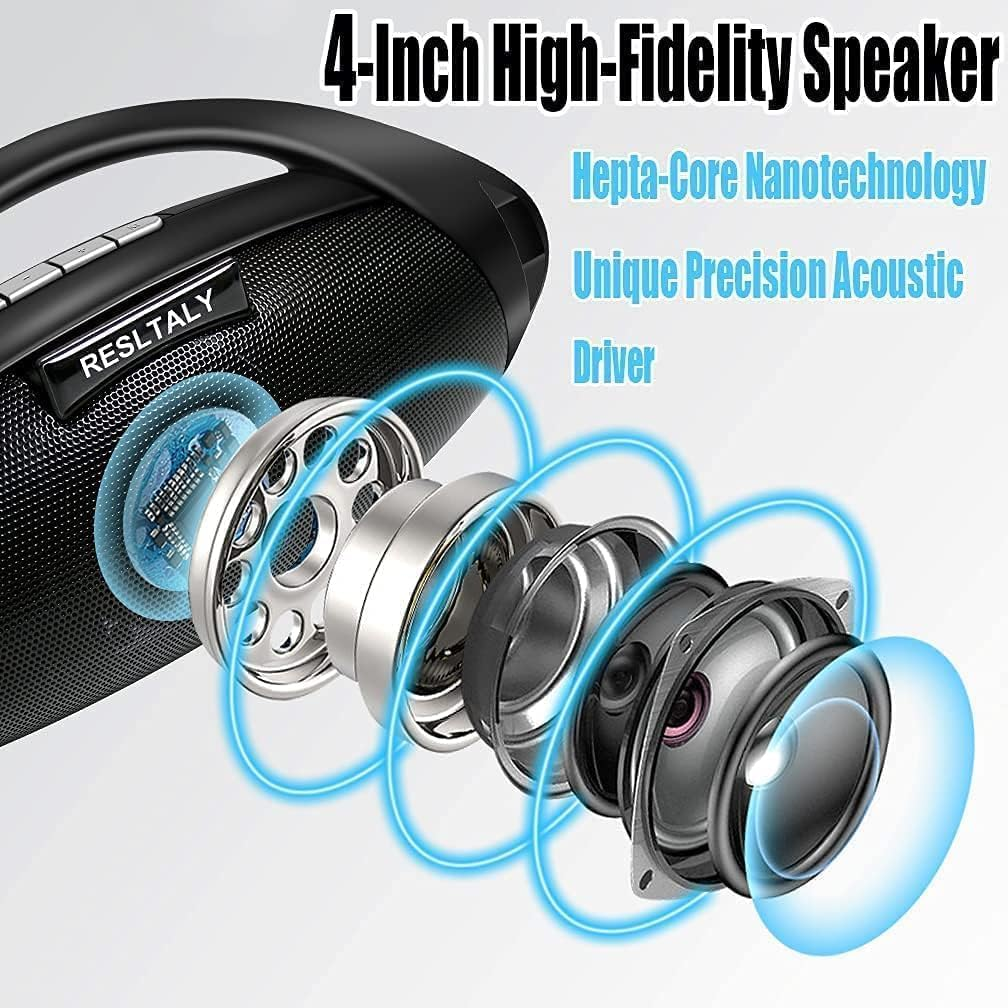 RESLTALY Bluetooth Speaker with FM Radio, 10W High Power Output, 5.0 Bluetooth, 2800Mah Battery, 16-Hour Playtime, Quick Charge, Enhanced Bass, Indoor Outdoor Use (Black)